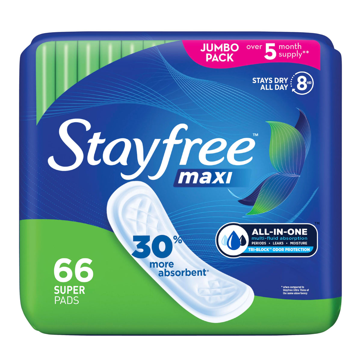 Stayfree Maxi Pads: empaque compacto para días activos y noches tranquilas.