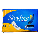 Stayfree Reg Maxi almohadilla en paquete externo, práctico para llevar.