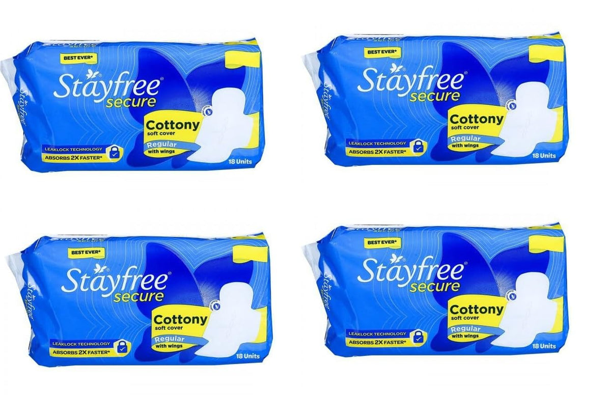 Stayfree toallas sanitarias de algodón suave, empaque visible para uso diario cómodo.