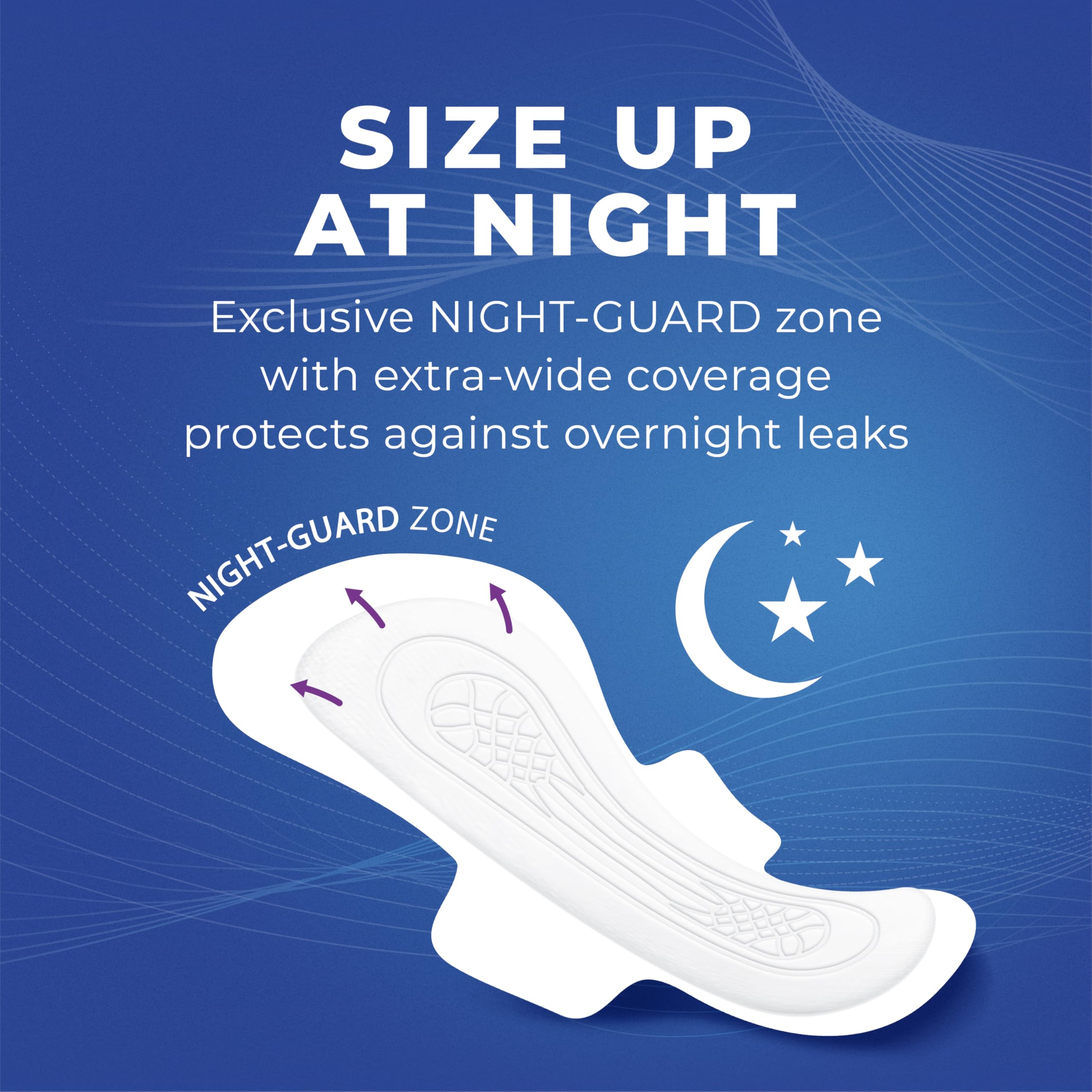 Stayfree zona de protección nocturna amplia aporta cobertura frontal, trasera y lateral