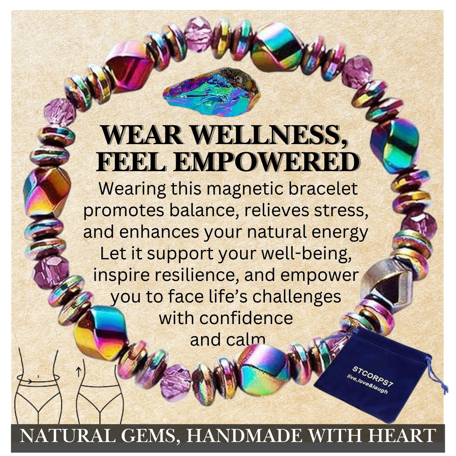 Pulsera STCORPS7 de hematita con imanes multicolor para meditación.