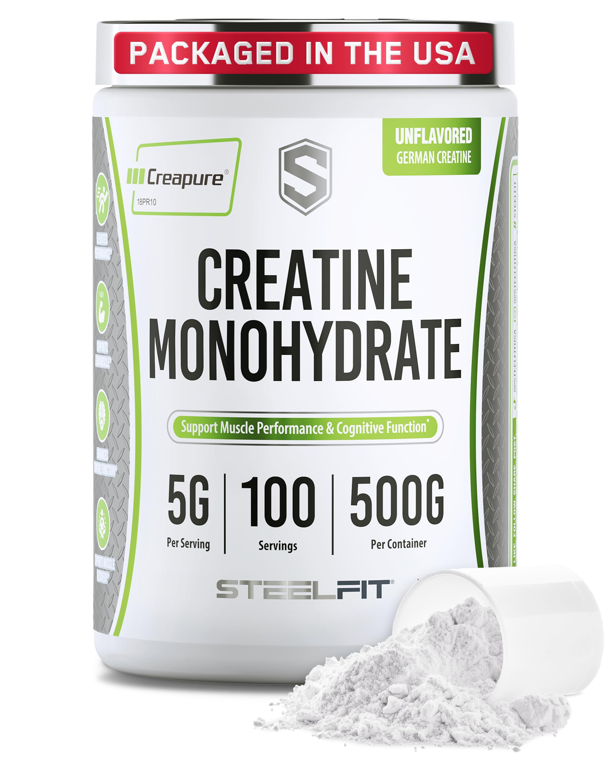 SteelFit Creapure Creatina Monohidrato en bote para energía sostenida durante el entrenamiento
