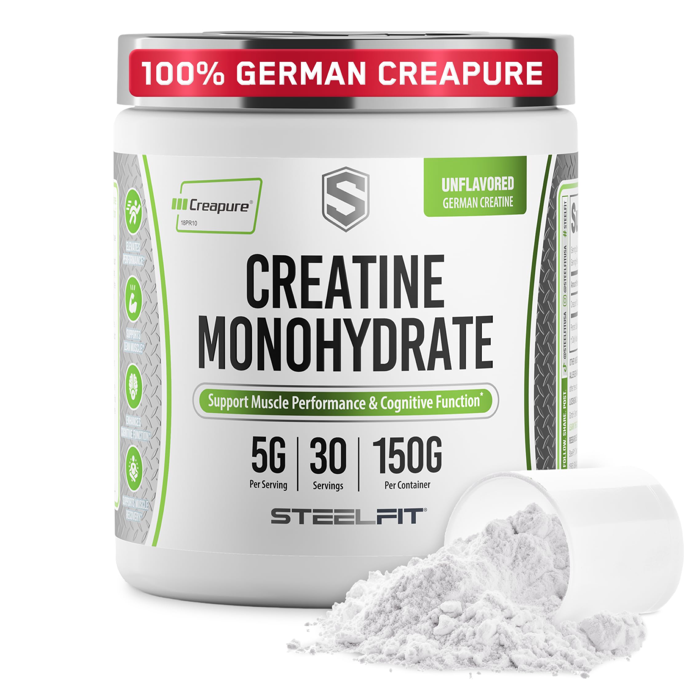 SteelFit Creatina Monohidrato en envase de 150 g para entrenamientos.