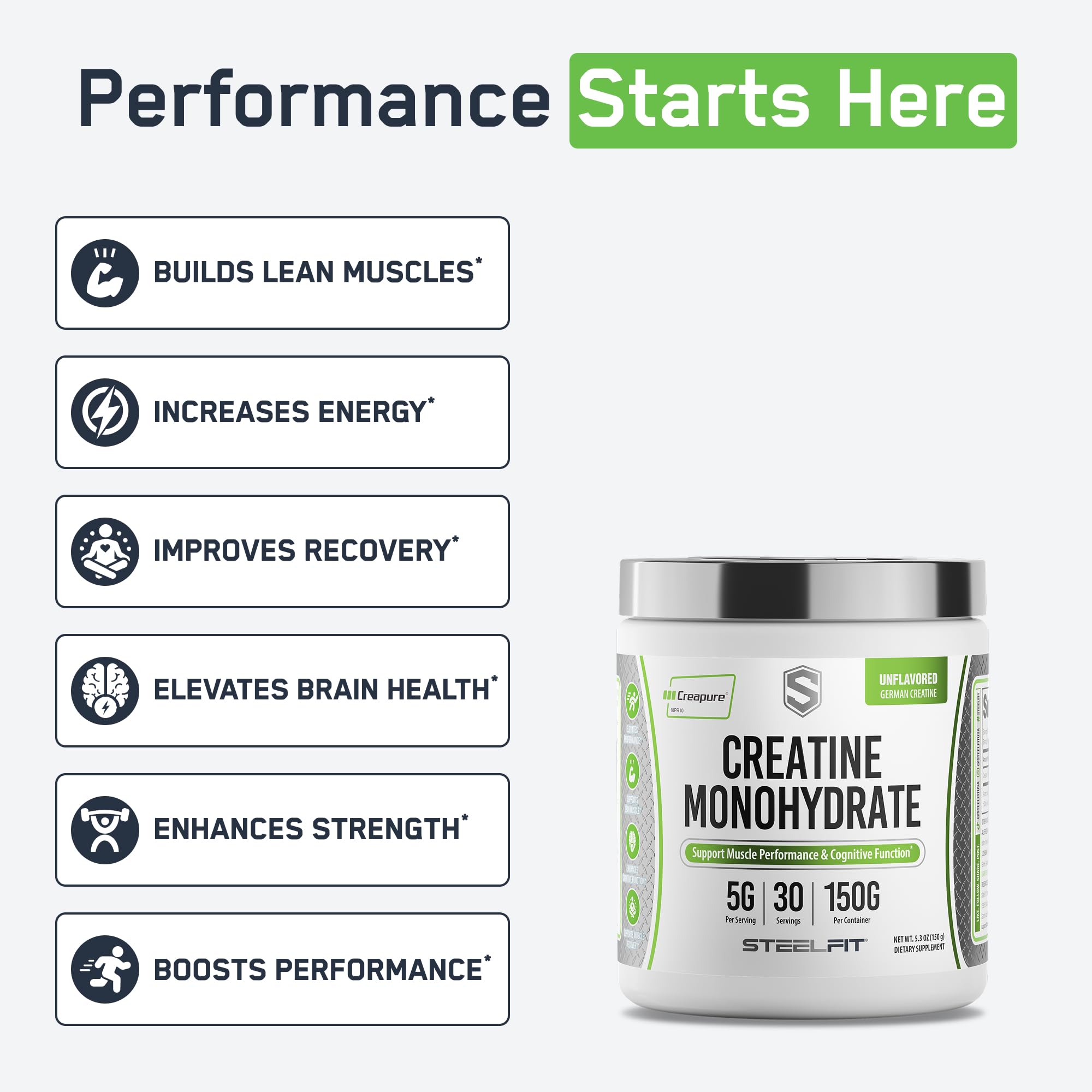 SteelFit Creatina Monohidrato polvo micronizado facilita la disolución rápida.