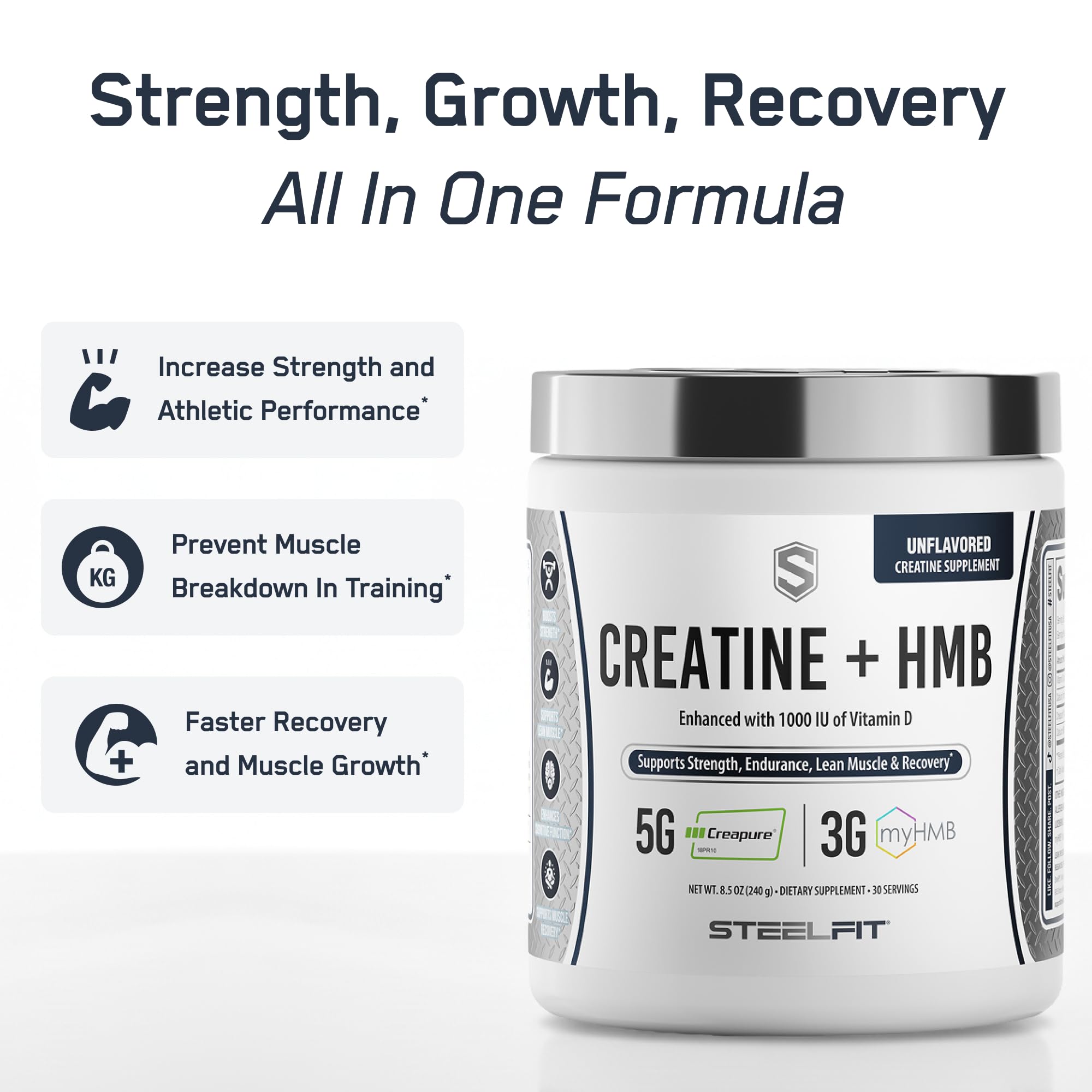 Cuchara de medición de SteelFit Creatine HMB para dosis diaria fácil.