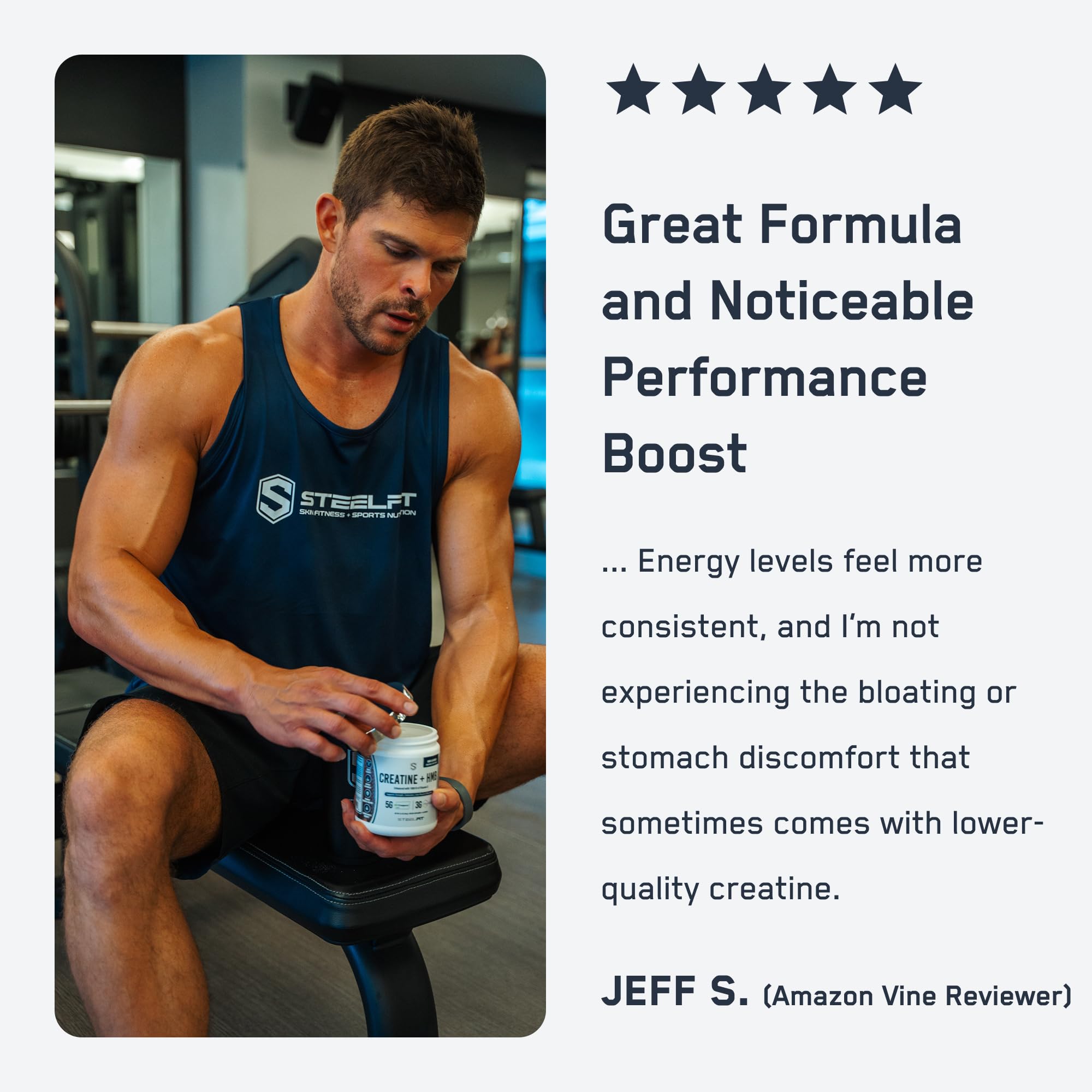 Mezcla en agua fría con SteelFit Creatine HMB para entrenamientos rápidos.
