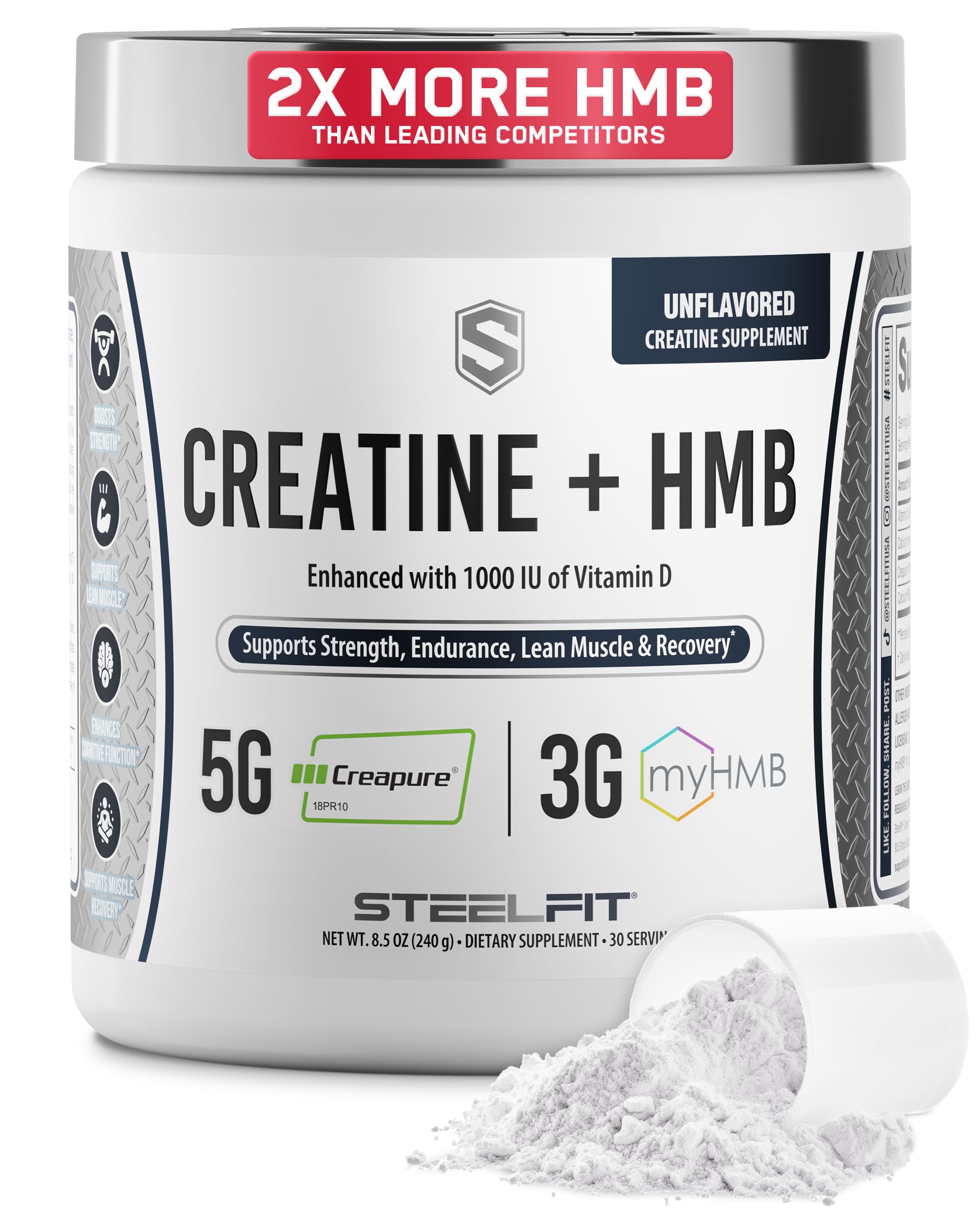 SteelFit Creatine HMB en polvo en bote, apoyo a la función muscular.