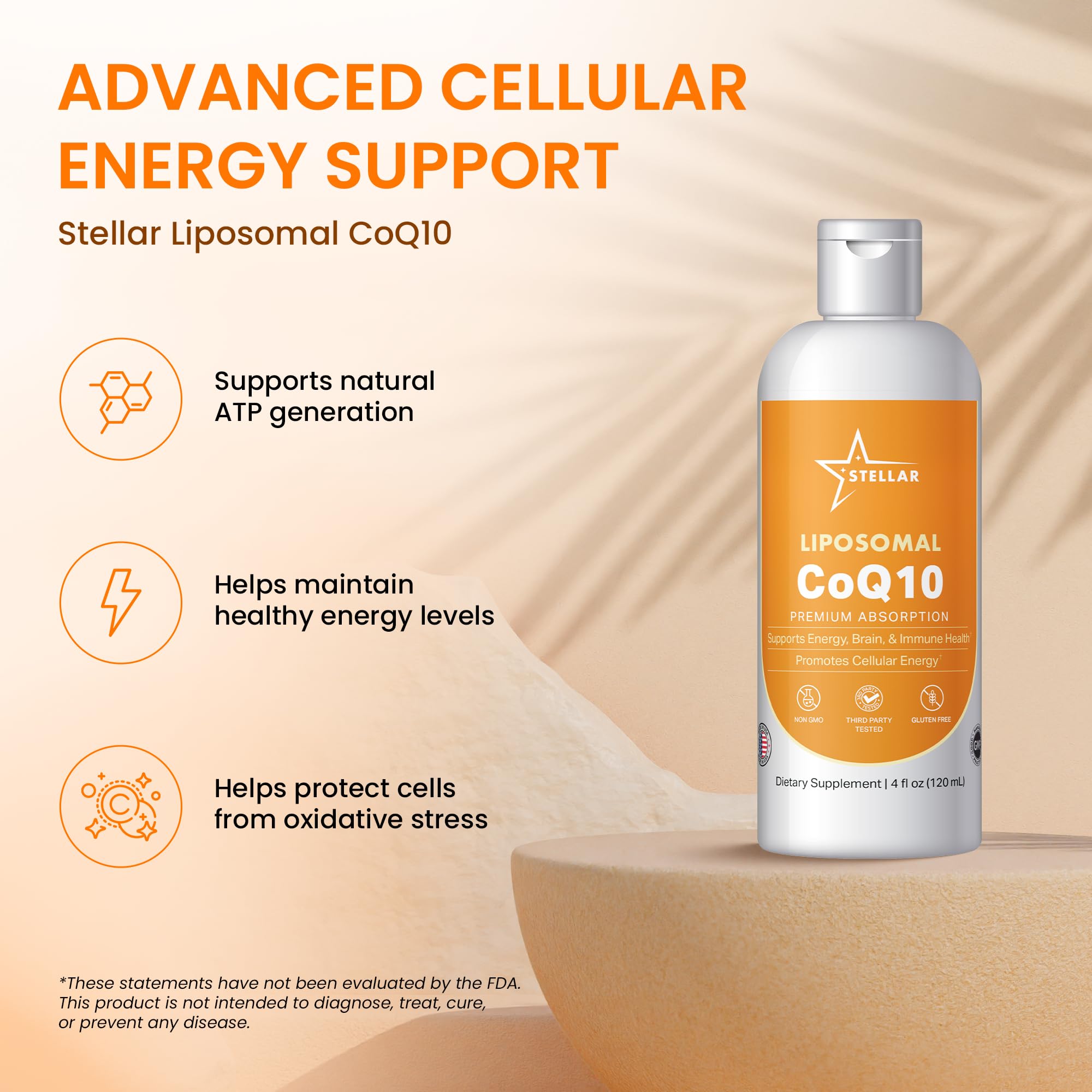 Stellar CoQ10 liposomado, bienestar diario sin gluten ni lactosa.