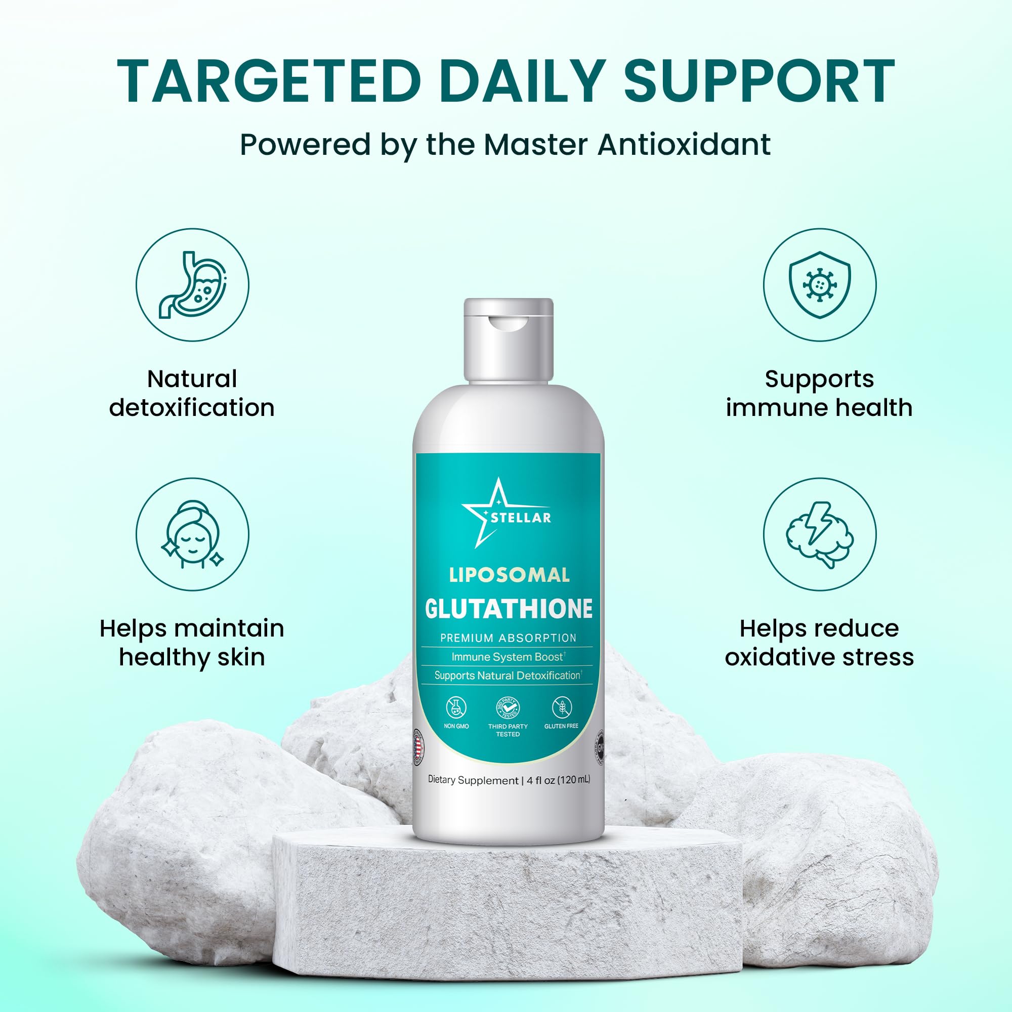 Stellar Liposomal Glutathione Liquid, ayuda al soporte detox natural y función hepática suave.