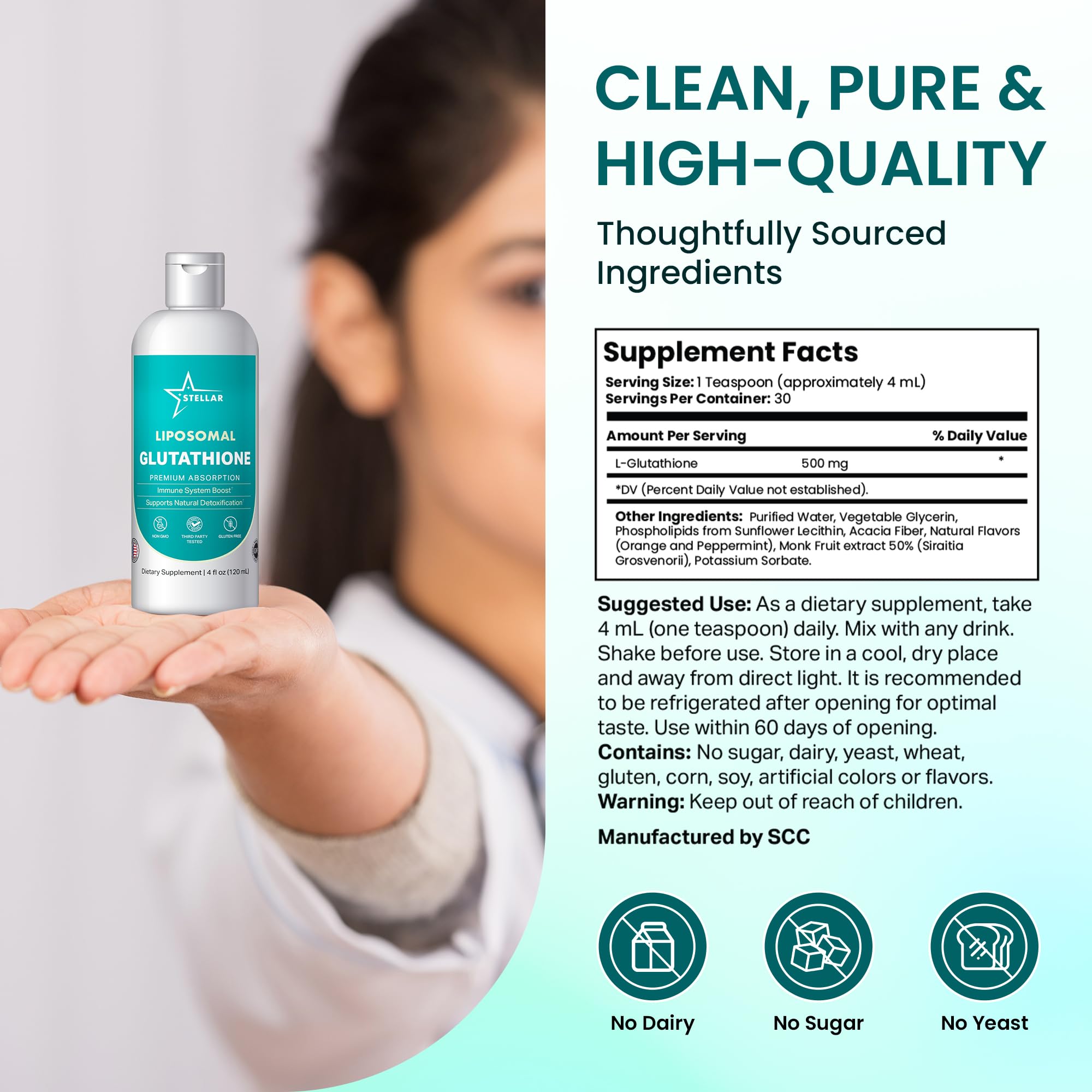 Stellar Liposomal Glutathione Liquid, dosis 4ml, facilita absorción y conveniencia diaria.