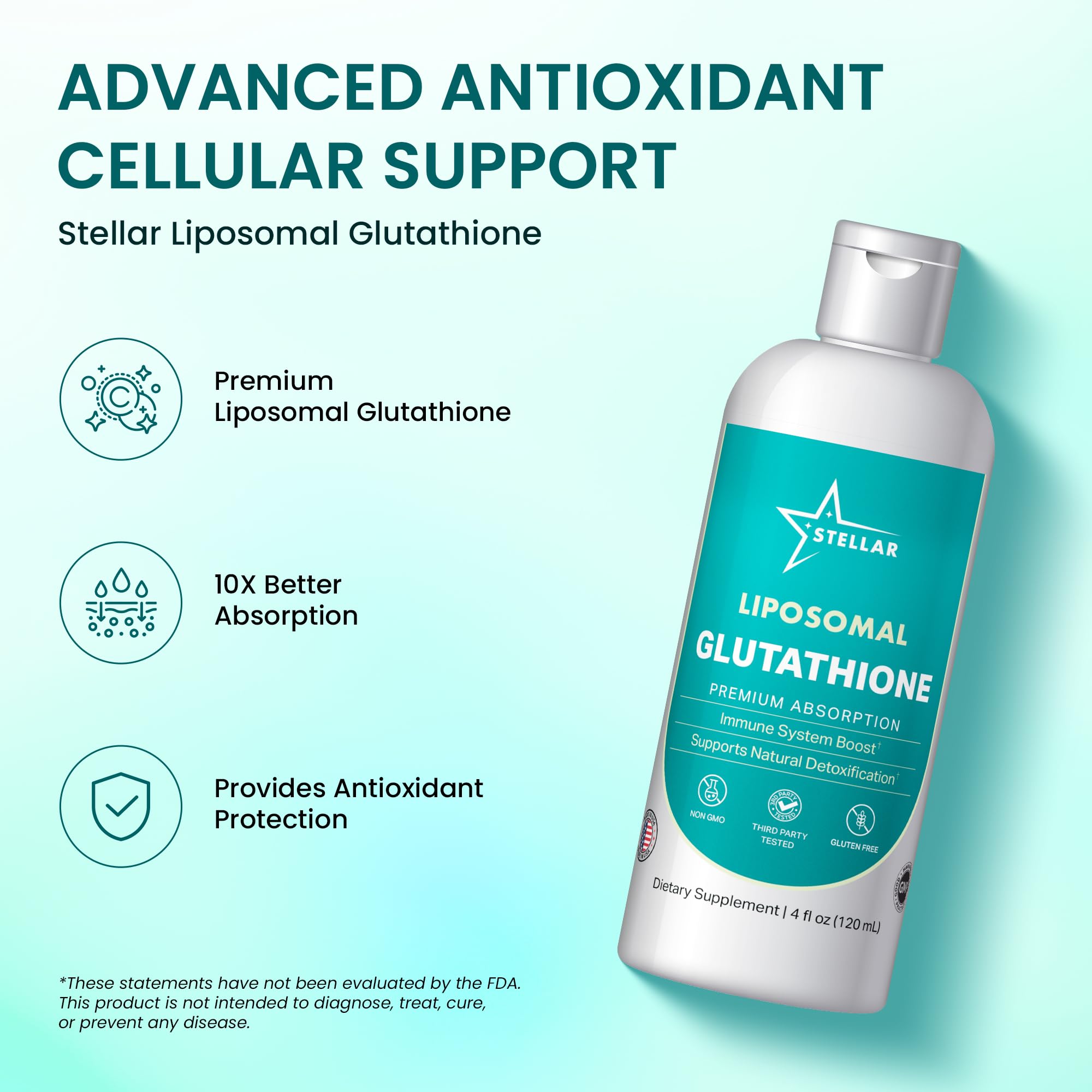 Stellar Liposomal Glutathione Liquid, formato líquido facilita dosis sin cápsulas.