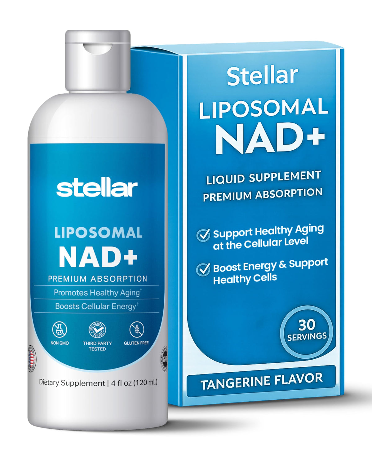 Stellar Liposomal NAD+ líquido en frasco, mejora la absorción para uso diario.