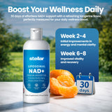 Stellar Liposomal NAD+ líquido con tapa rosca, fácil almacenamiento.