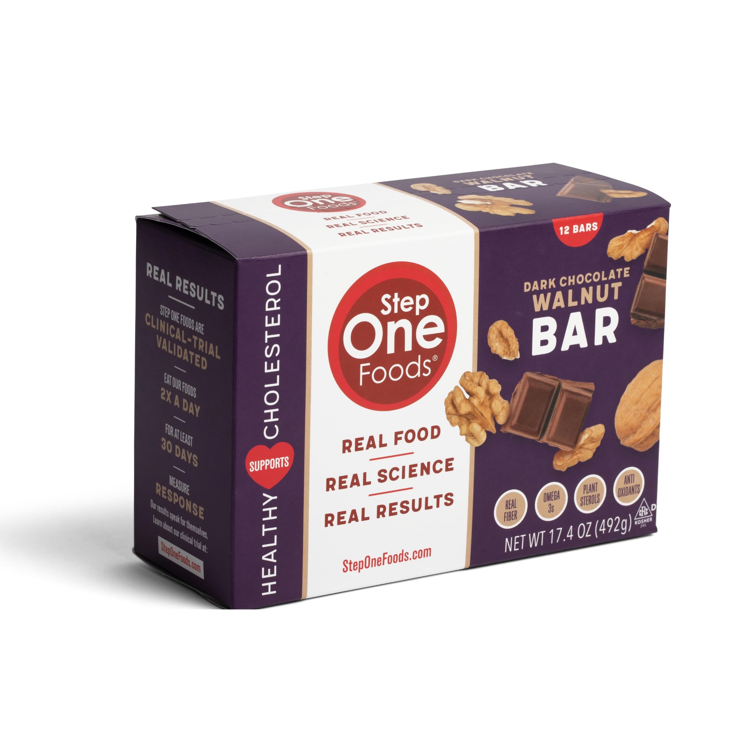 Barra Step One: empaque frontal con chocolate y nueces, snack saludable.