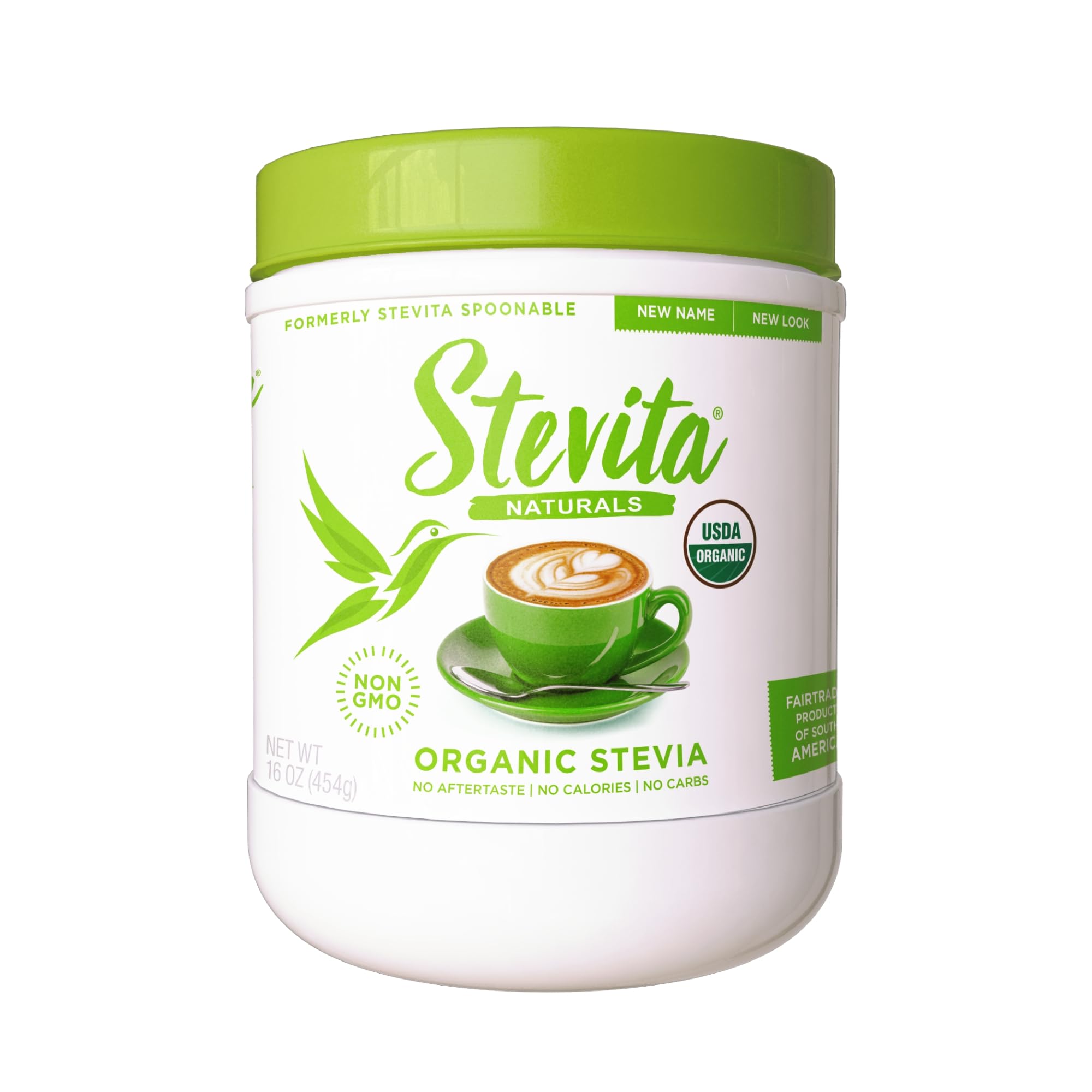Stevita Organic Stevia tarro 16 oz, endulzante natural sin calorías para café y té.