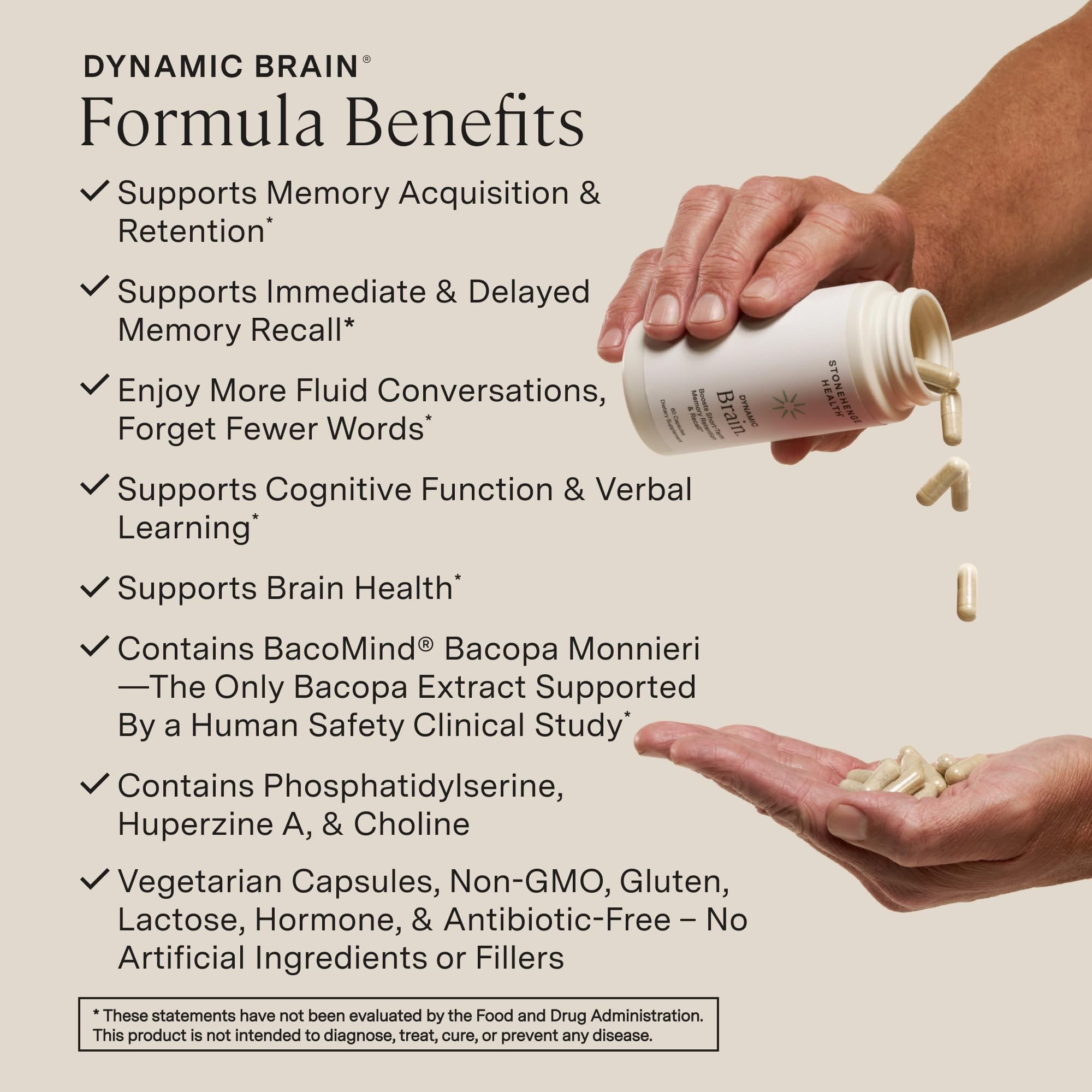 Stonehenge Dynamic Brain: etiqueta nutricional con ingredientes y beneficios clave.