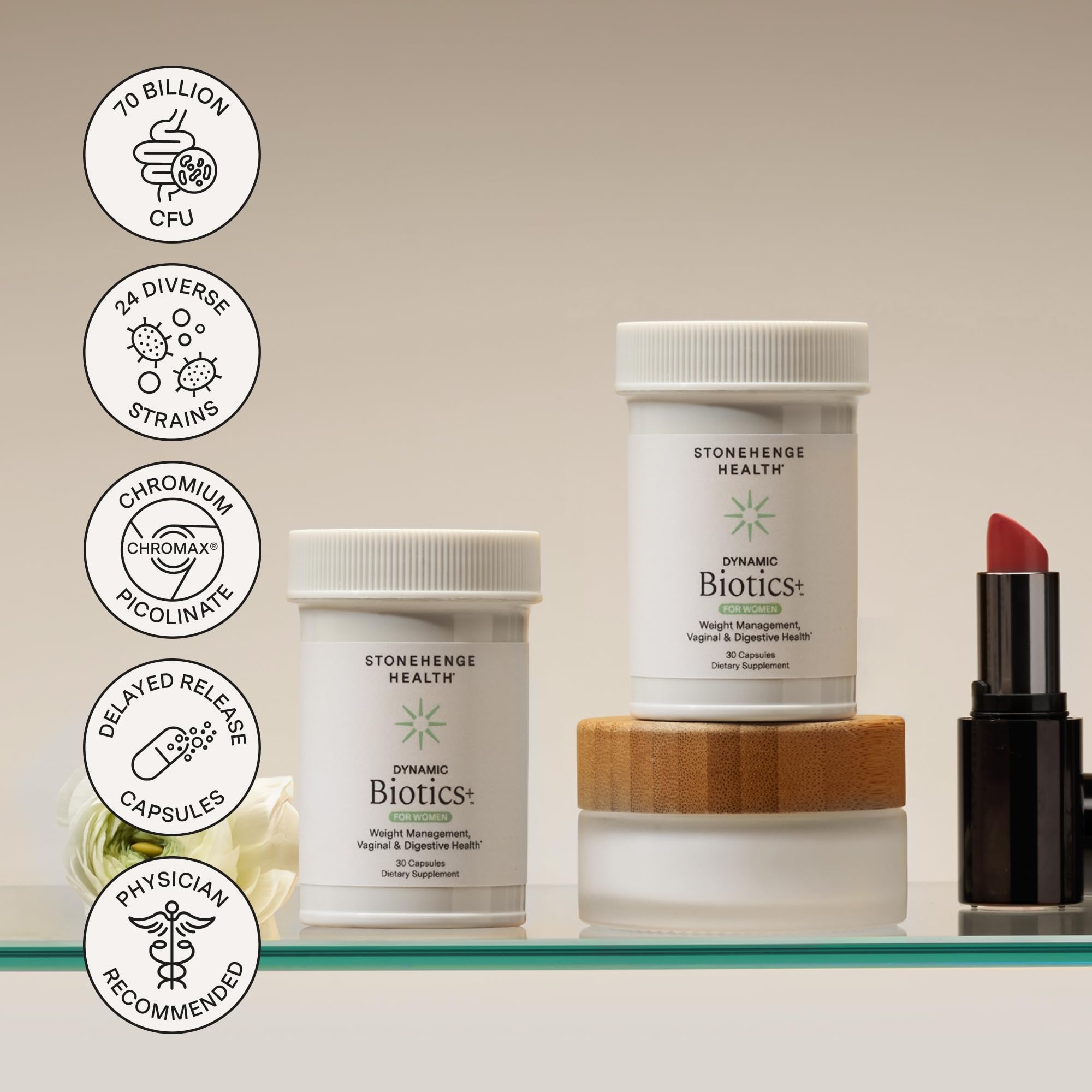 Stonehenge Health Biotics para Mujeres, frasco con 70 mil millones CFU y 24 cepas para bienestar digestivo