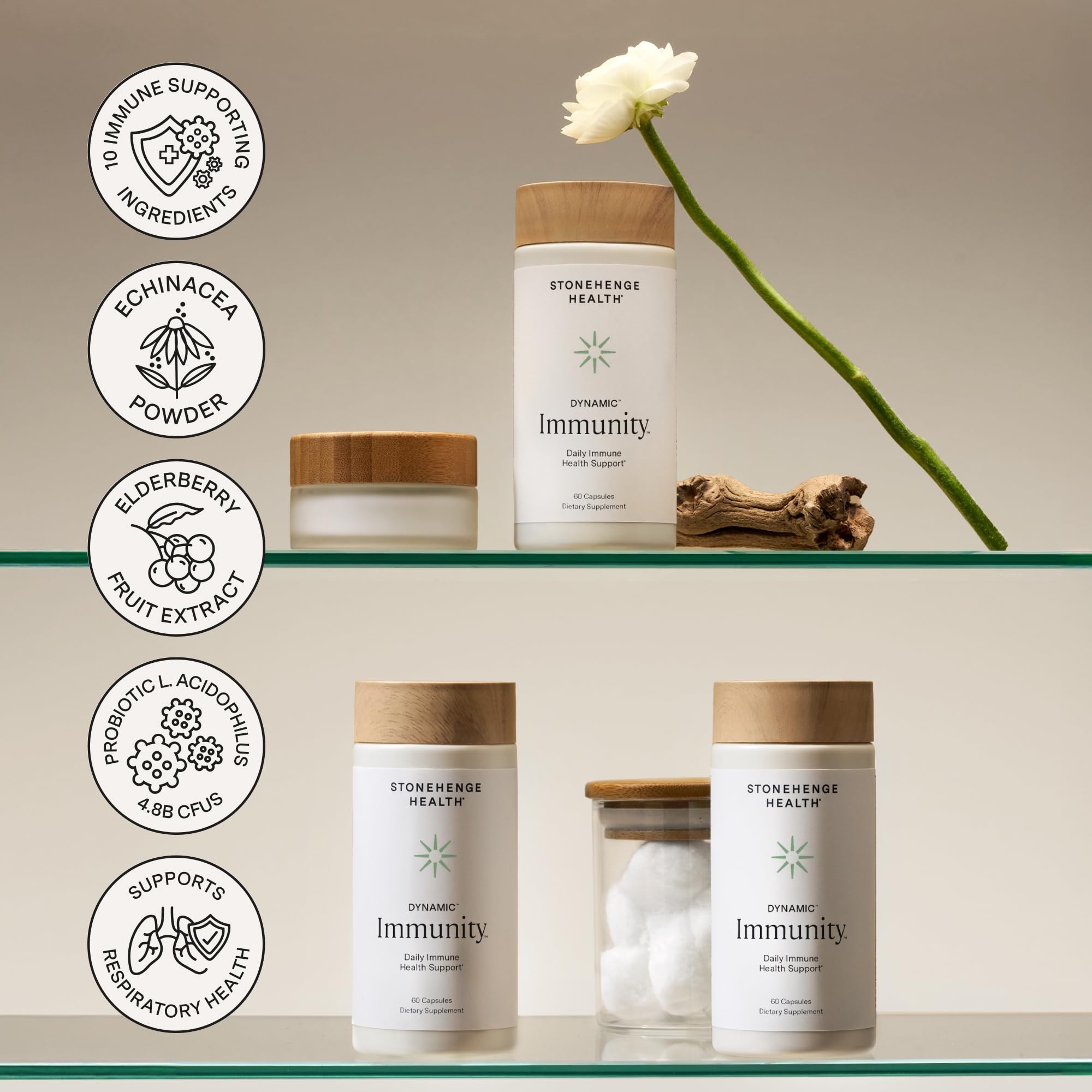 Stonehenge Health Inmunidad Dinámica, dos cápsulas por porción para rutina diaria.