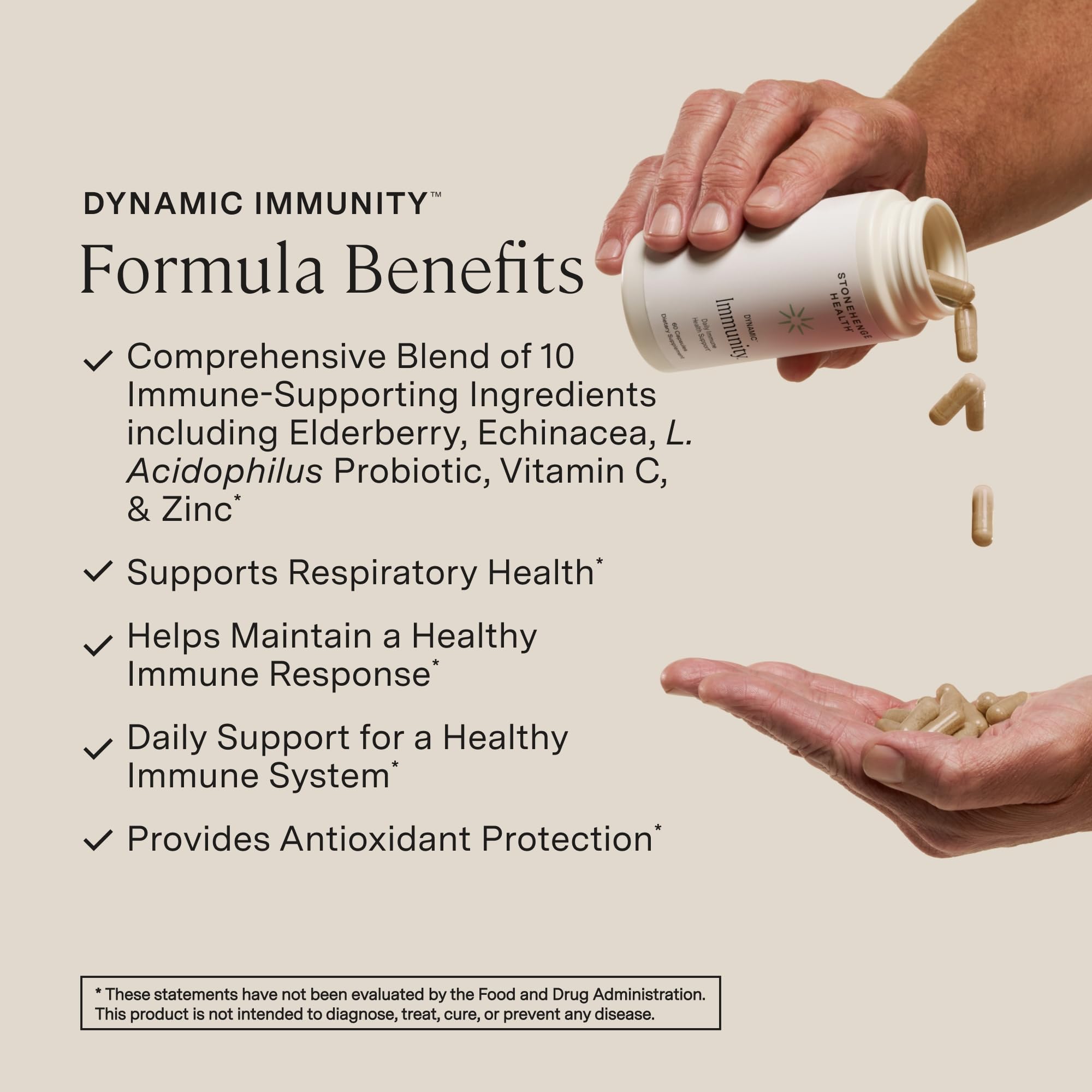 Stonehenge Health Inmunidad Dinámica, ingredientes clave fortalecen defensas naturales.