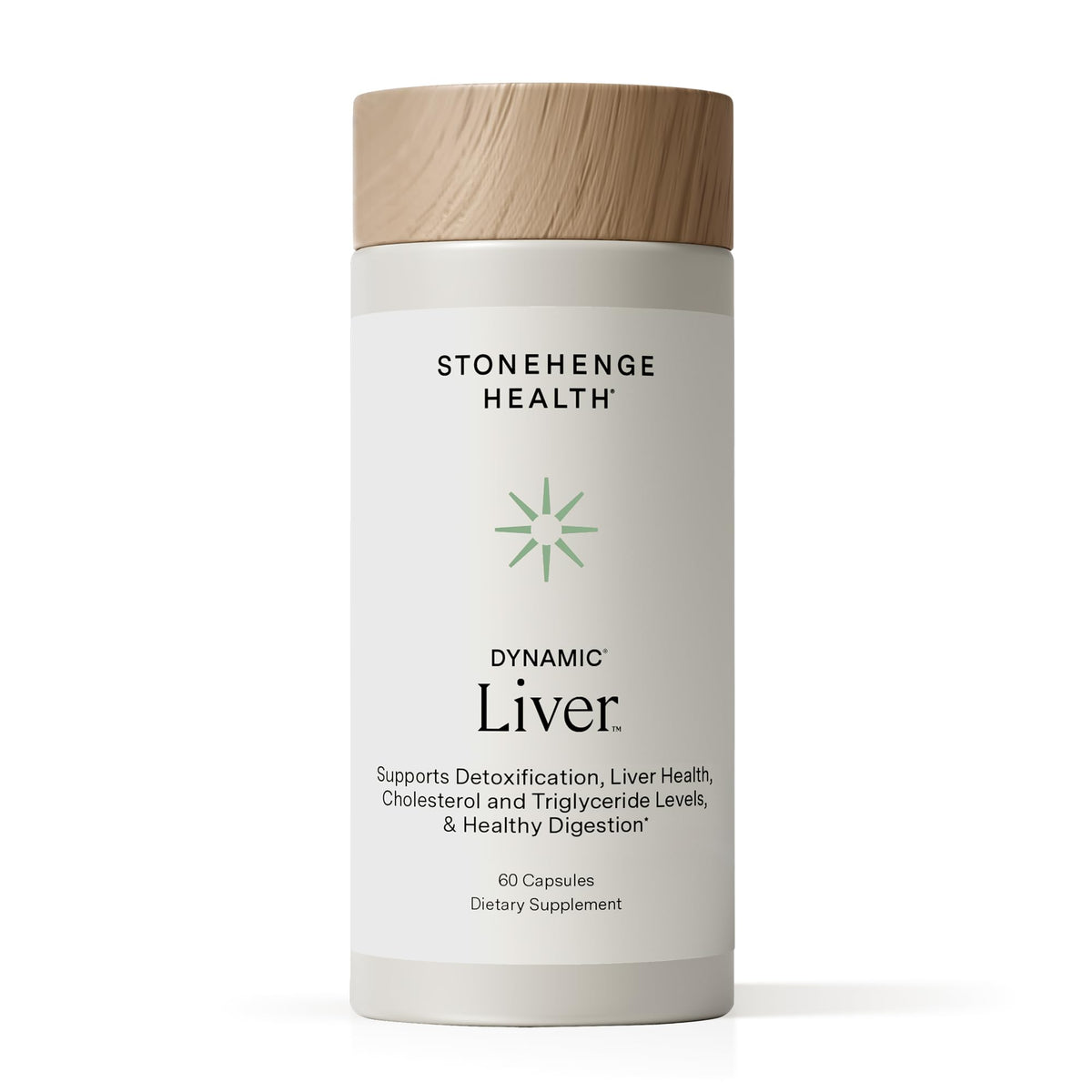 Stonehenge Health Higado Dinámico, botella visible, muestra apoyo hepático y antioxidante.