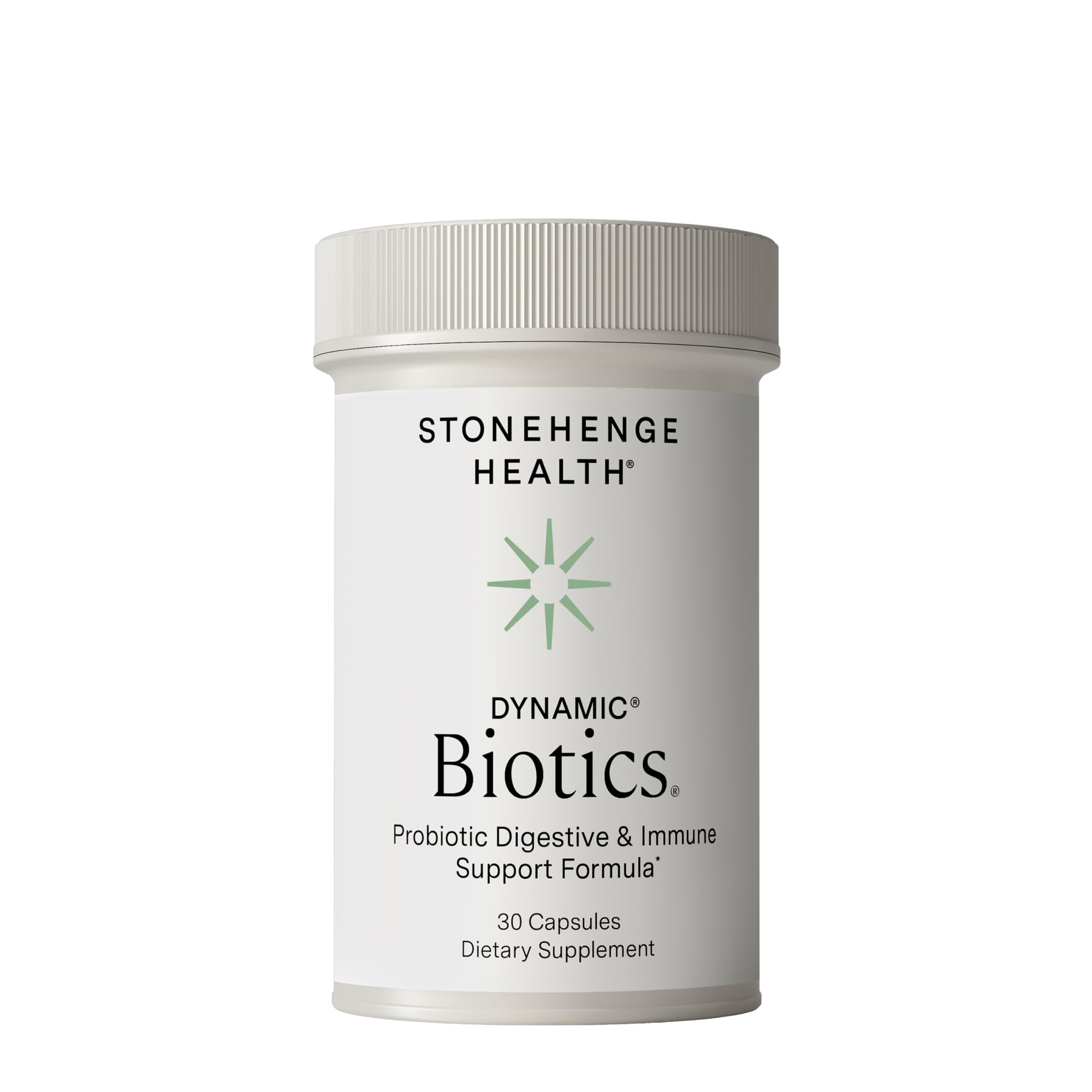 Stonehenge Health Dynamic Biotics, frasco cápsulas veganas, apoyo al equilibrio intestinal