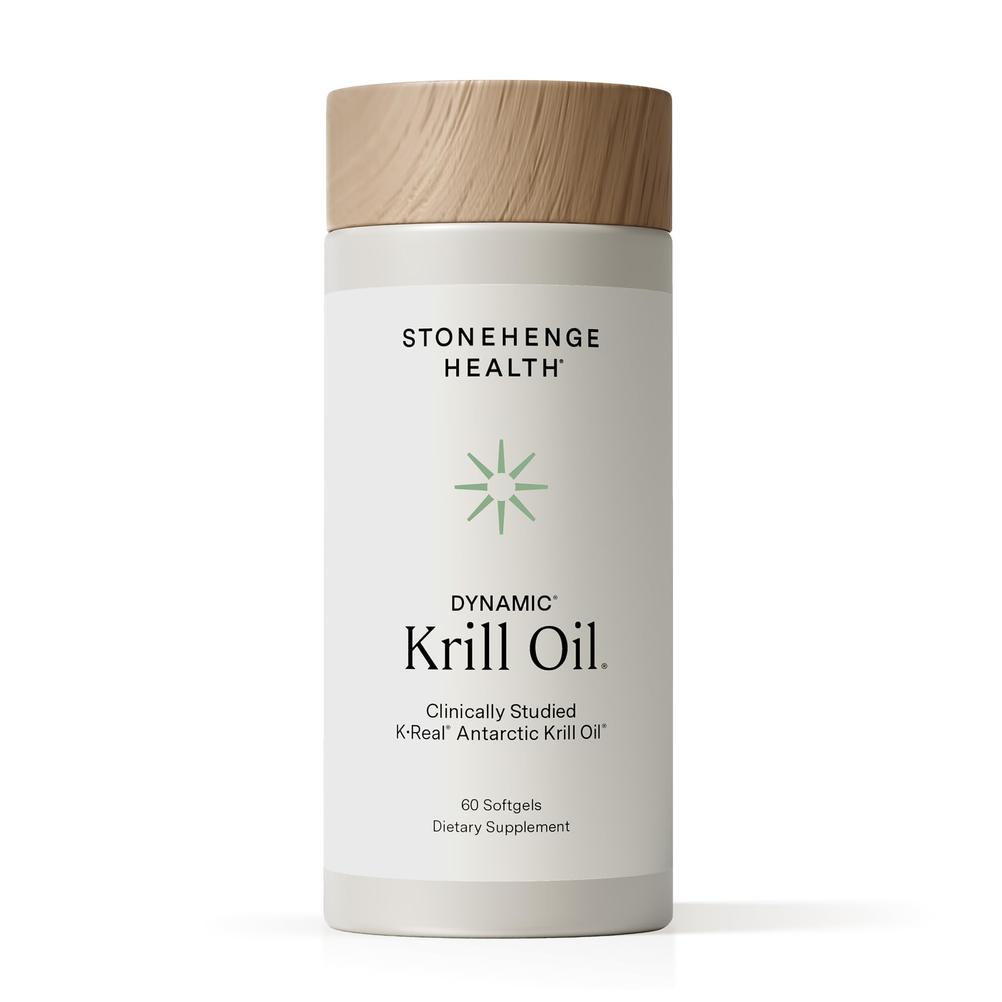 Stonehenge Health Dynamic Krill Oil 1600mg en bote; apoyo potencial para corazón y cerebro.