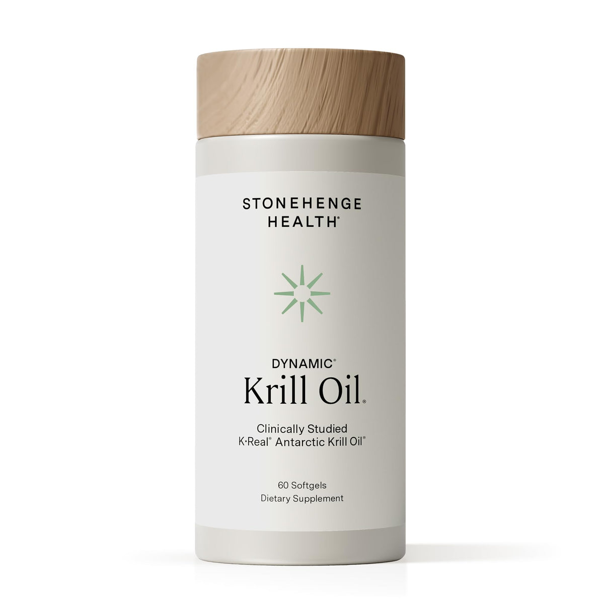 Stonehenge Health Dynamic Krill Oil 1600mg en bote; apoyo potencial para corazón y cerebro.