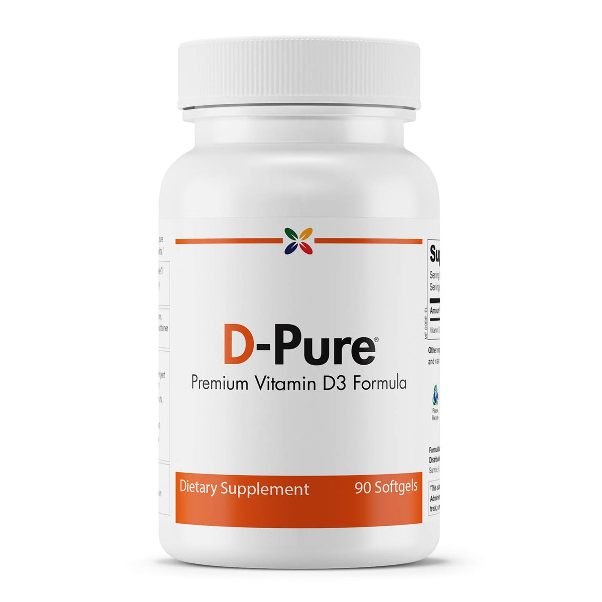 Stop Aging Now D-Pure: botella visible, muestra dosis de 125 mcg, para salud ósea y dental.