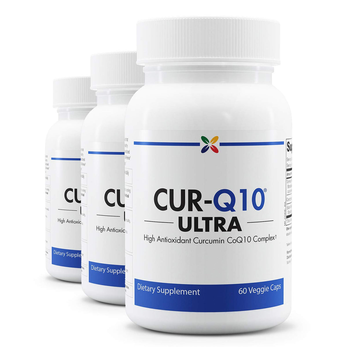 Stop Aging Now CUR-Q10 Ultra Complex, botella de cápsulas para bienestar diario.