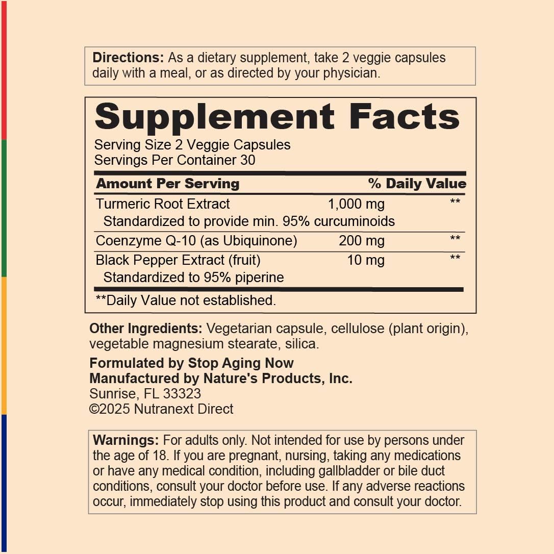 Stop Aging Now curcumina estandarizada en complejo antioxidante para bienestar diario.