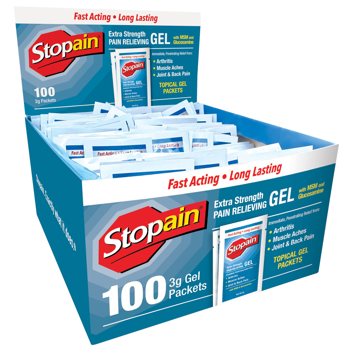 Stopain gel 3 g en caja de 100 unidades para alivio en casa.