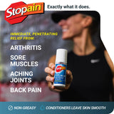 Stopain roll-on gel 3oz etiqueta clara destaca MSM y glucosamina para movilidad