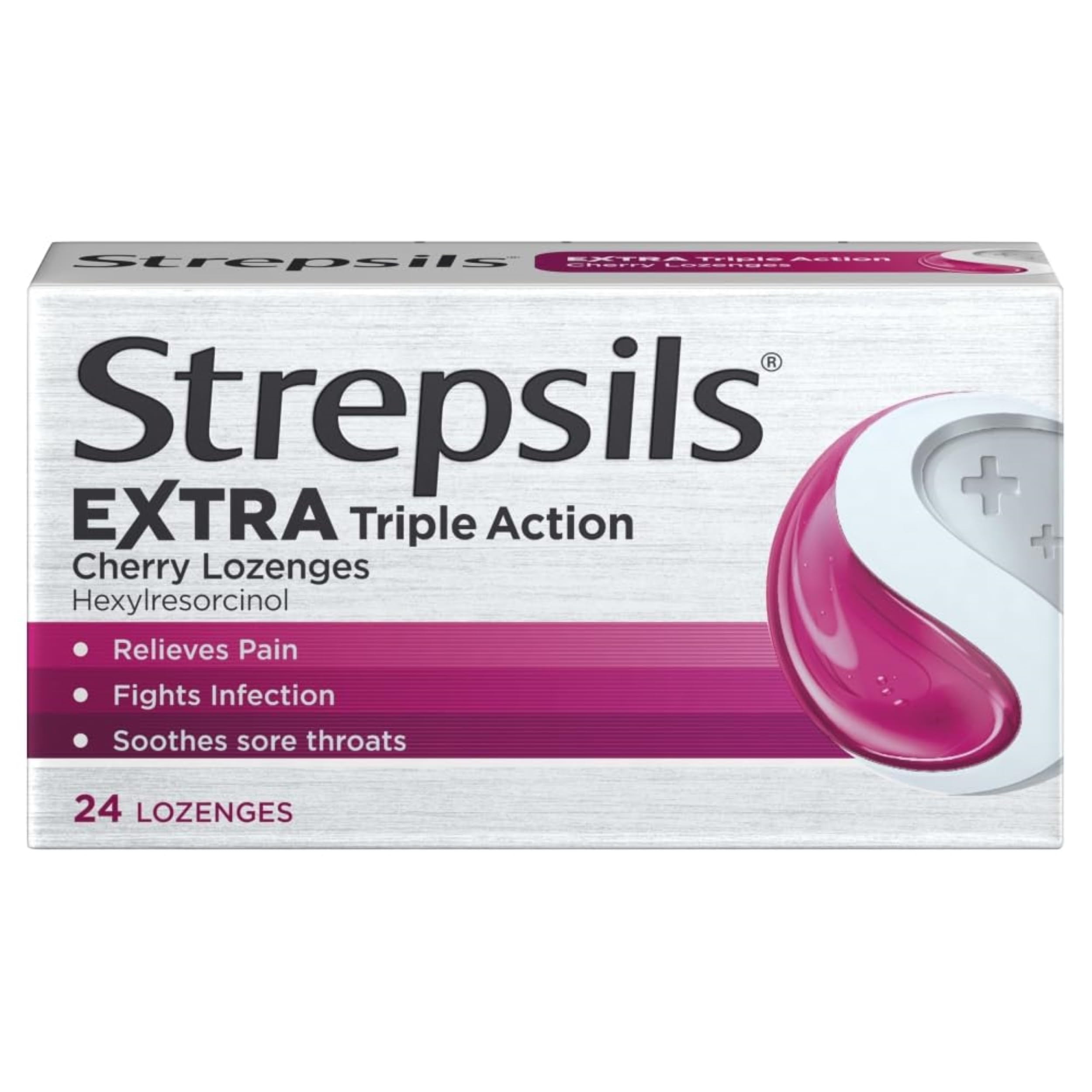 Strepsils Extra Triple Action Cereza: paquete con pastillas para alivio rápido.