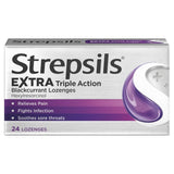 Strepsils Extra Triple Action pastillas de grosella negra para alivio rápido de la garganta.