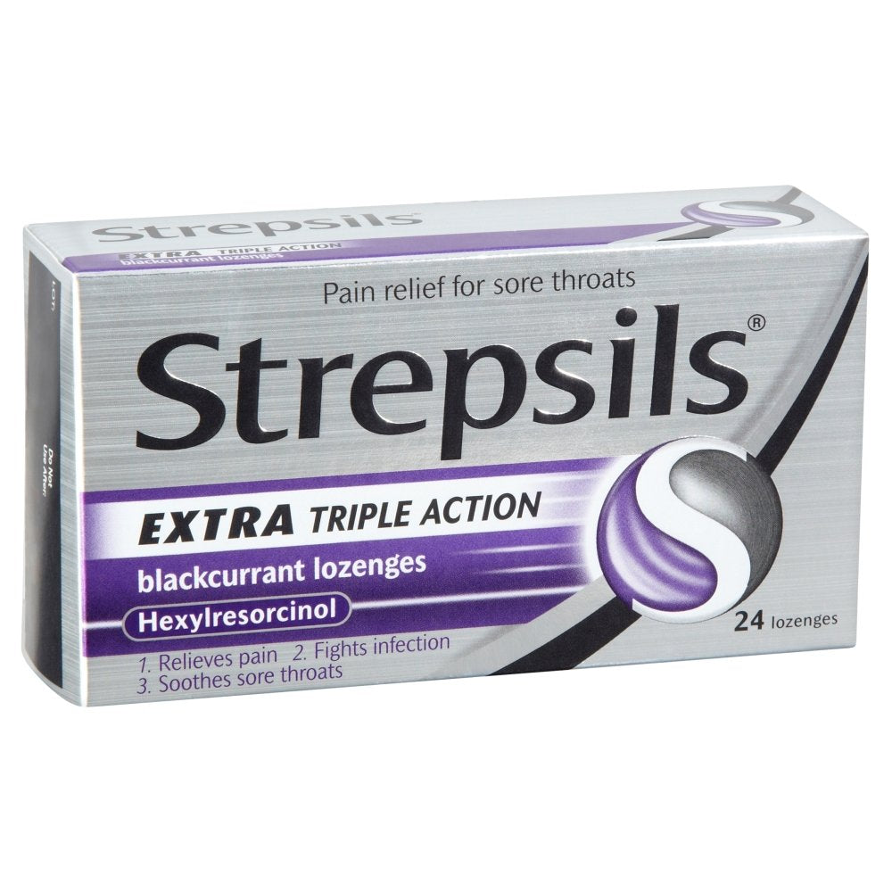 Strepsils Extra Triple Action sabor grosella negra ayuda a calmar la irritación de garganta.
