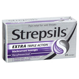 Strepsils Extra Triple Action sabor grosella negra ayuda a calmar la irritación de garganta.