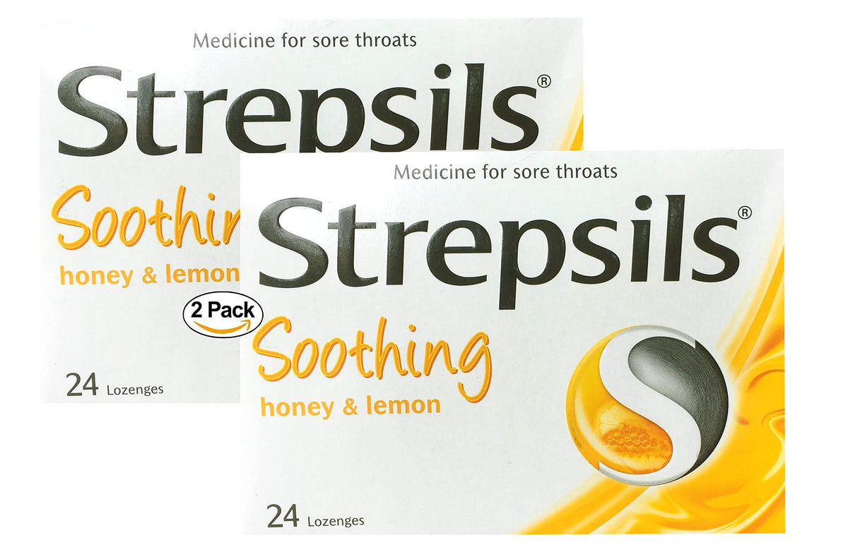 Strepsils Miel y Limón, empaque doble de 24 pastillas para uso prolongado.