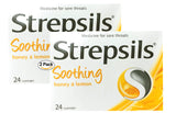 Strepsils Miel y Limón, empaque doble de 24 pastillas para uso prolongado.