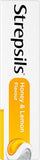 Strepsils miel y limón, etiqueta que indica sabor cítrico reconfortante para uso diario.
