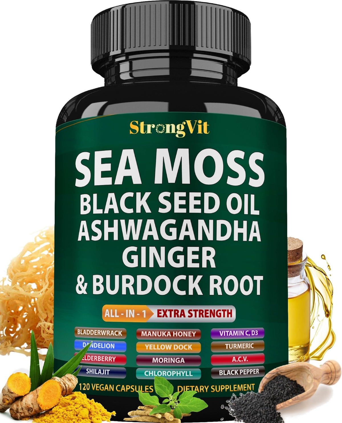 StrongVit musgo de mar en frasco con vertido, ideal para uso diario.
