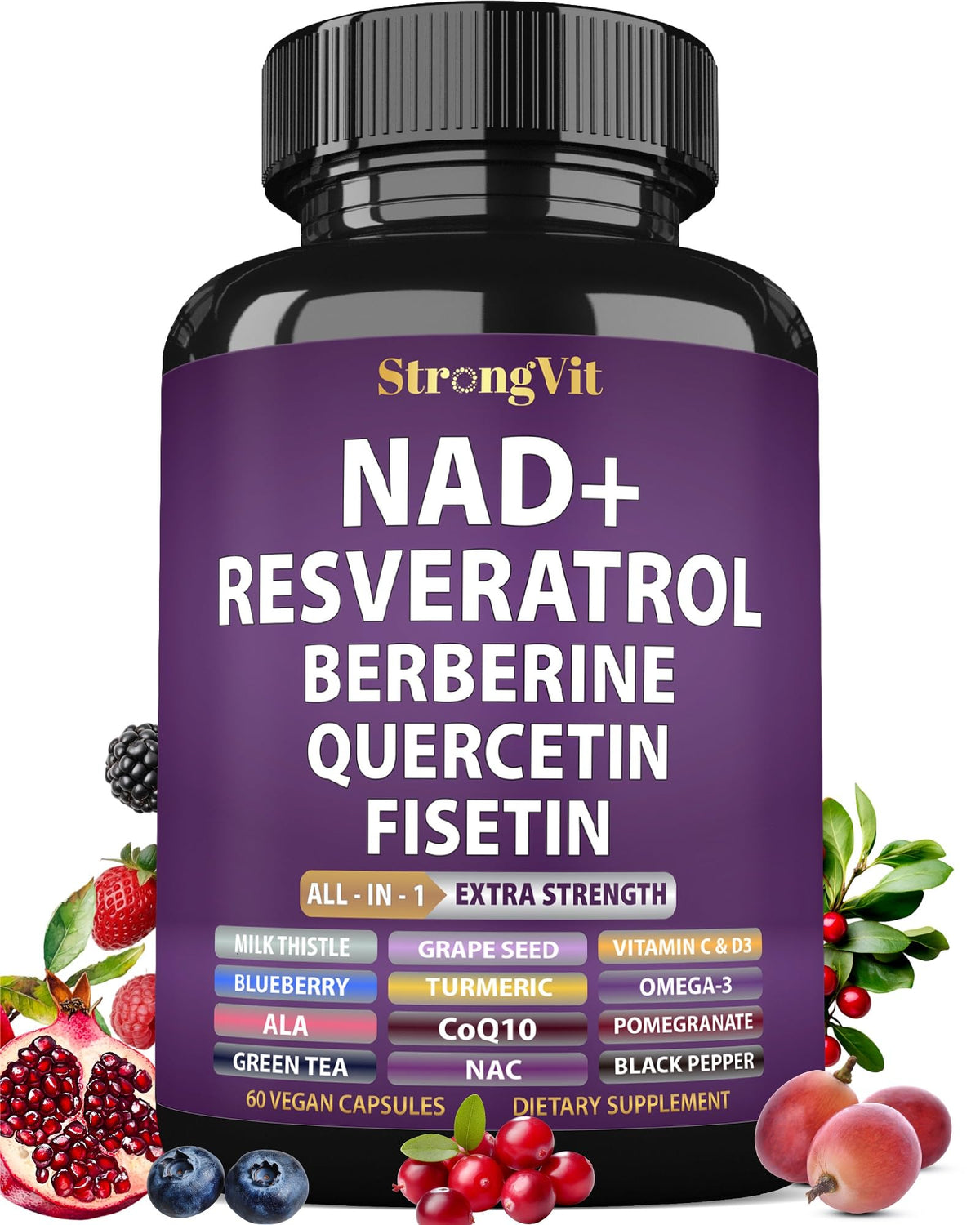 StrongVit NAD Resveratrol: botella mostrando energía diaria y salud celular.