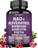 StrongVit NAD Resveratrol: botella mostrando energía diaria y salud celular.