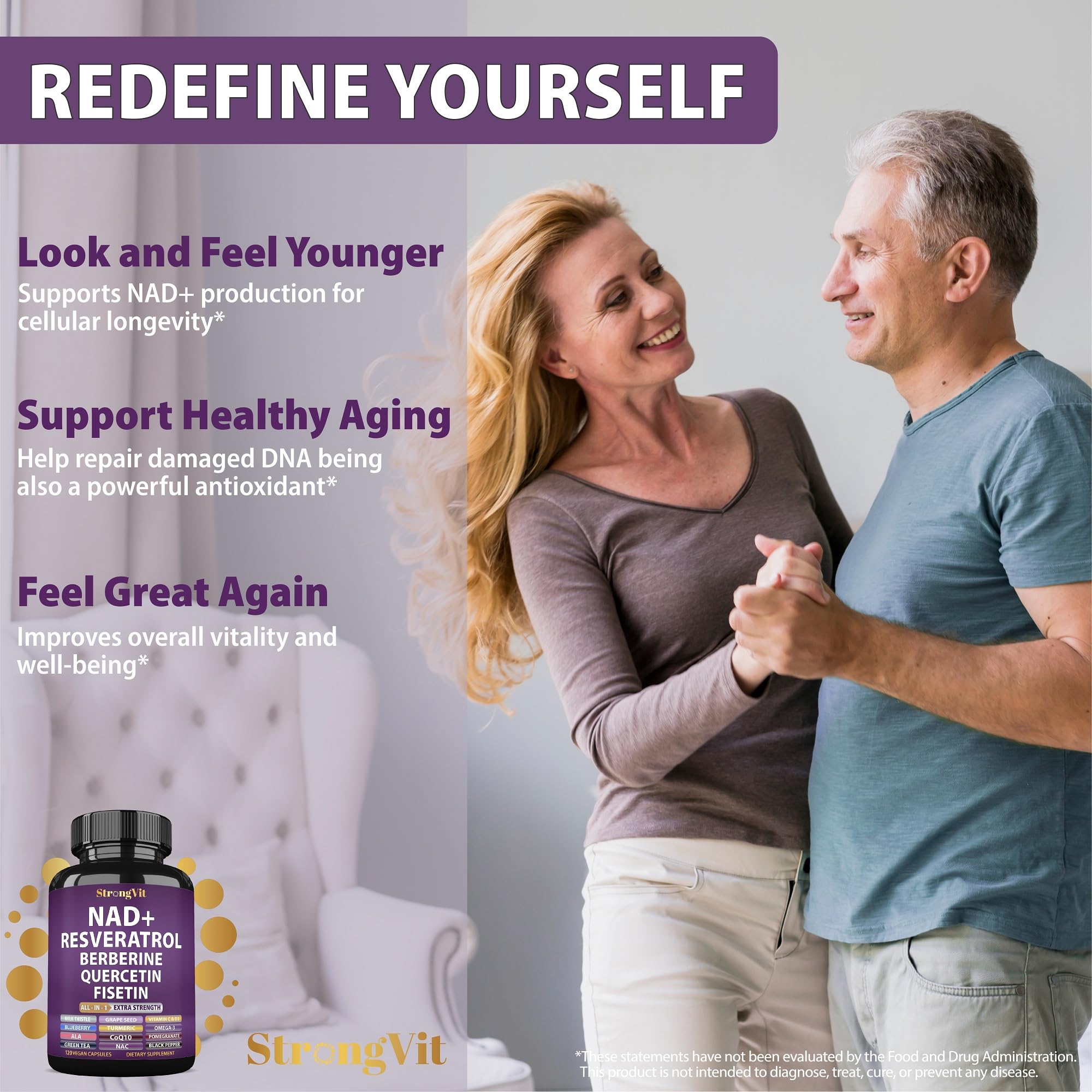 StrongVit NAD Resveratrol, cápsulas en frasco para toma diaria.
