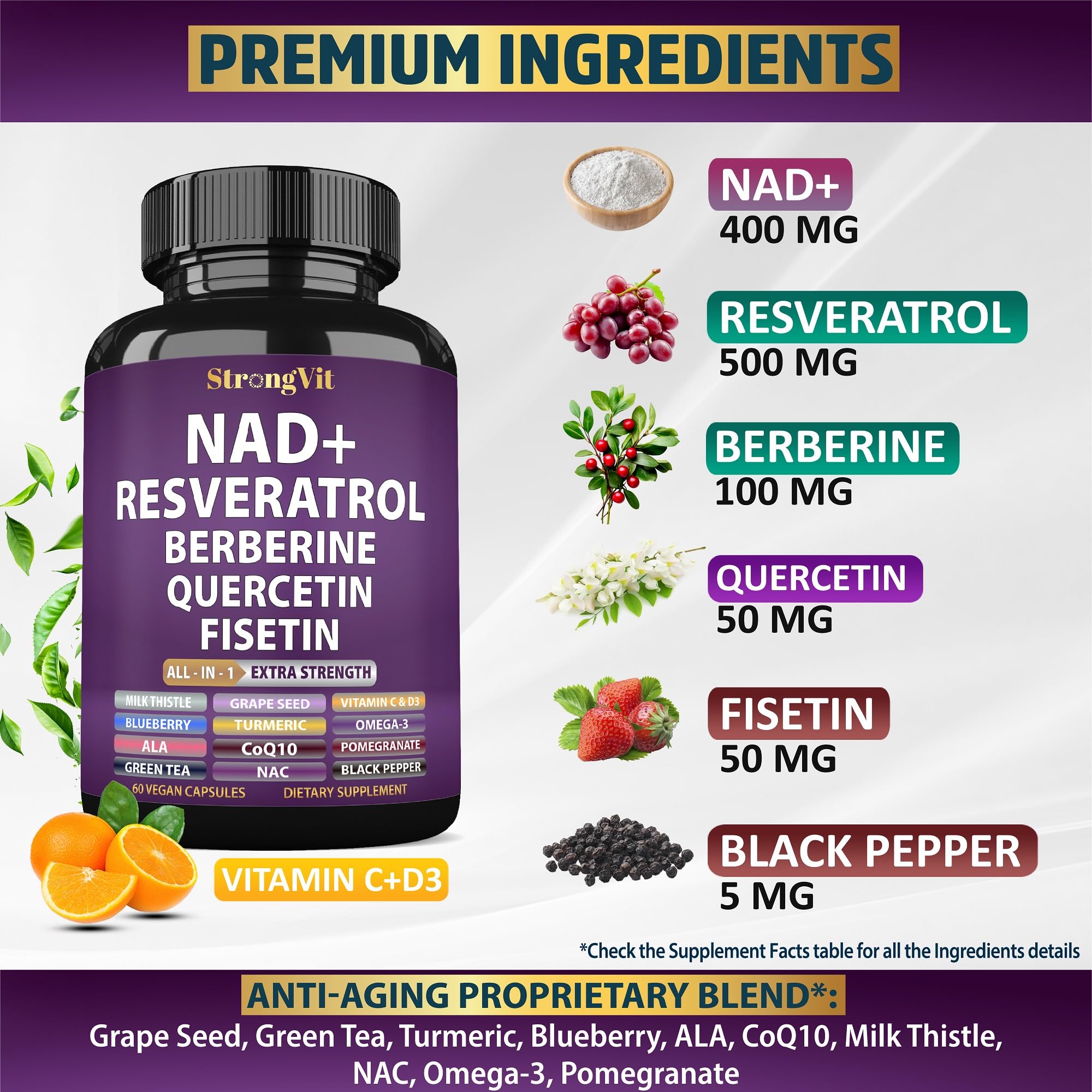 StrongVit NAD Resveratrol: cápsulas para ingesta diaria y vitalidad.