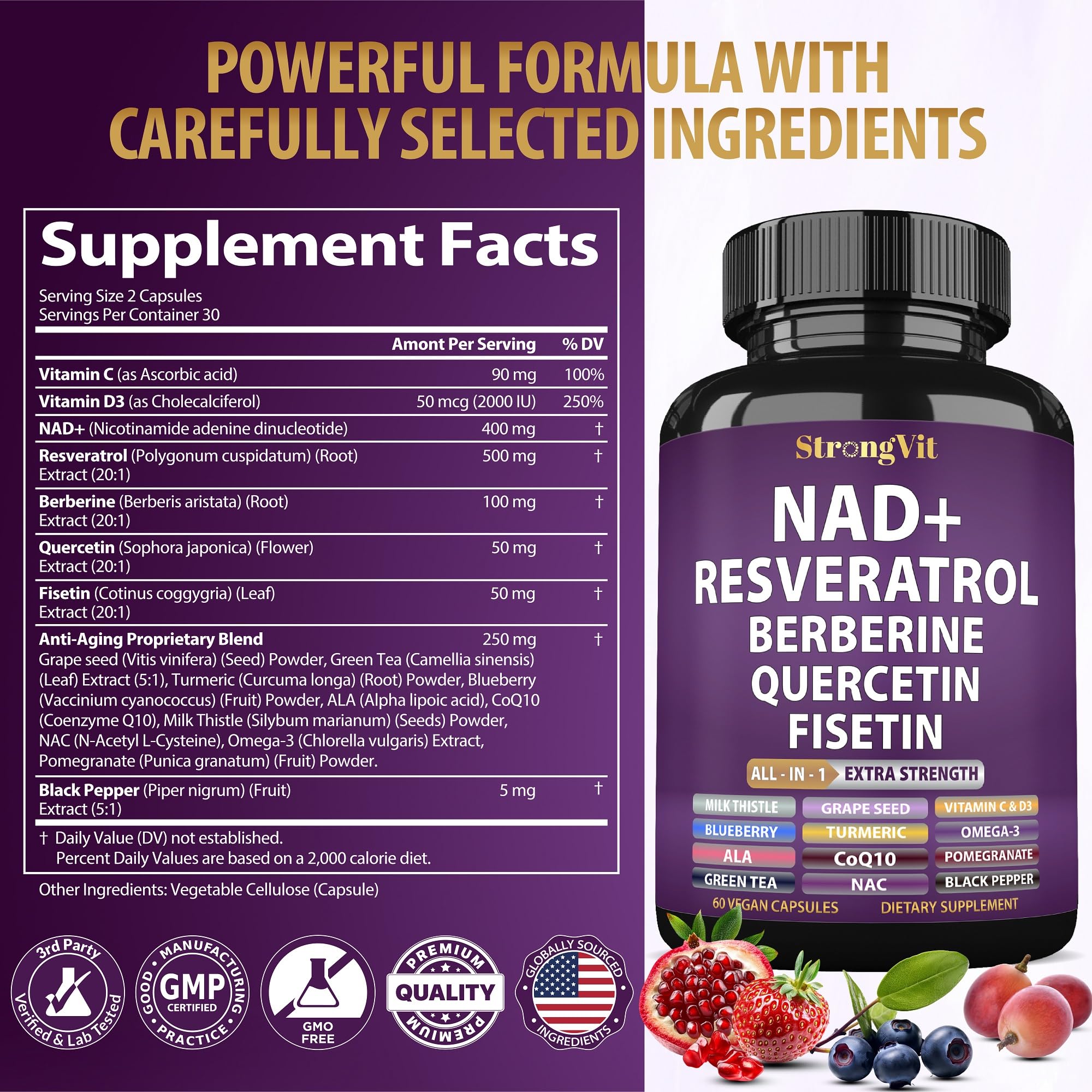 StrongVit NAD Resveratrol: empaque de 60 cápsulas para almacenamiento.