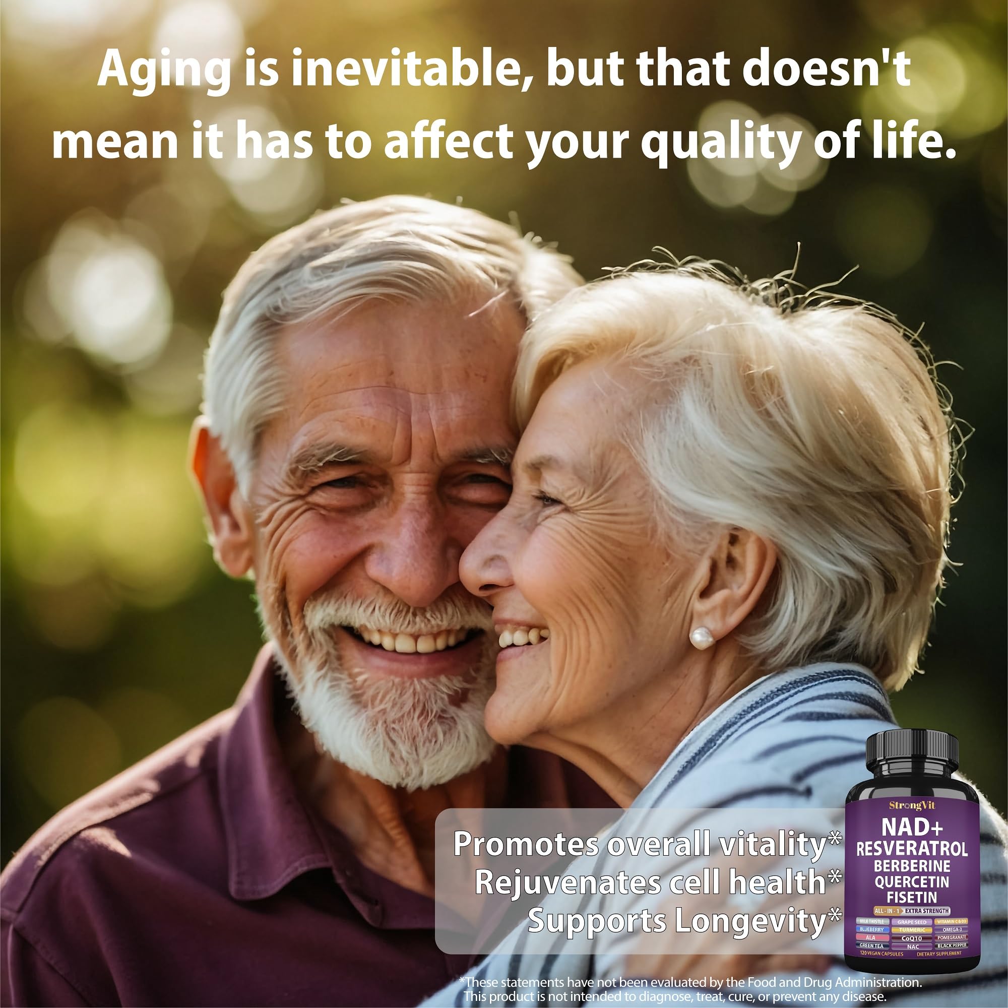 StrongVit NAD Resveratrol, detalle de etiqueta y lista de ingredientes clave.
