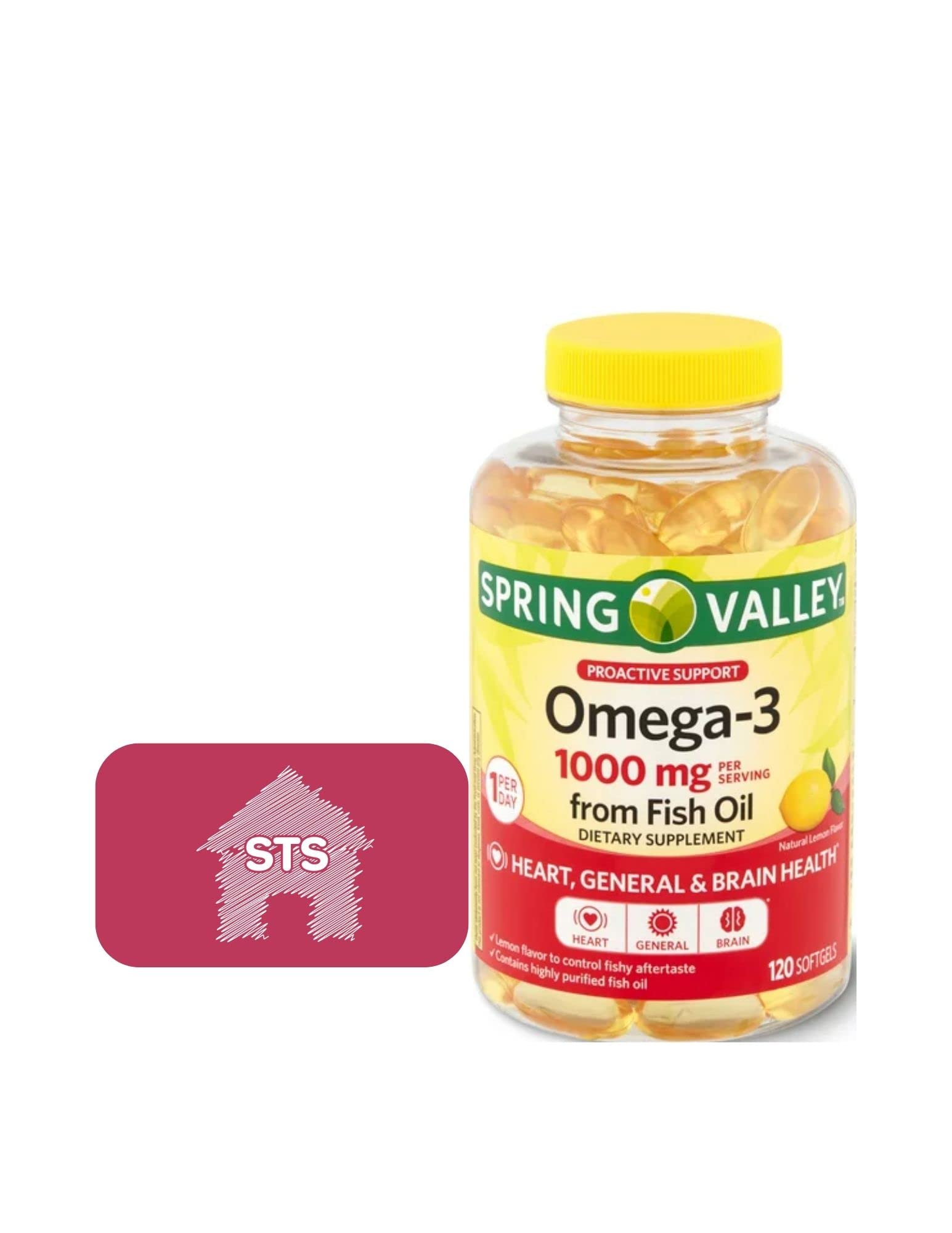 STS Home Omega-3 en cápsulas, frasco visible, soporte diario para salud general.