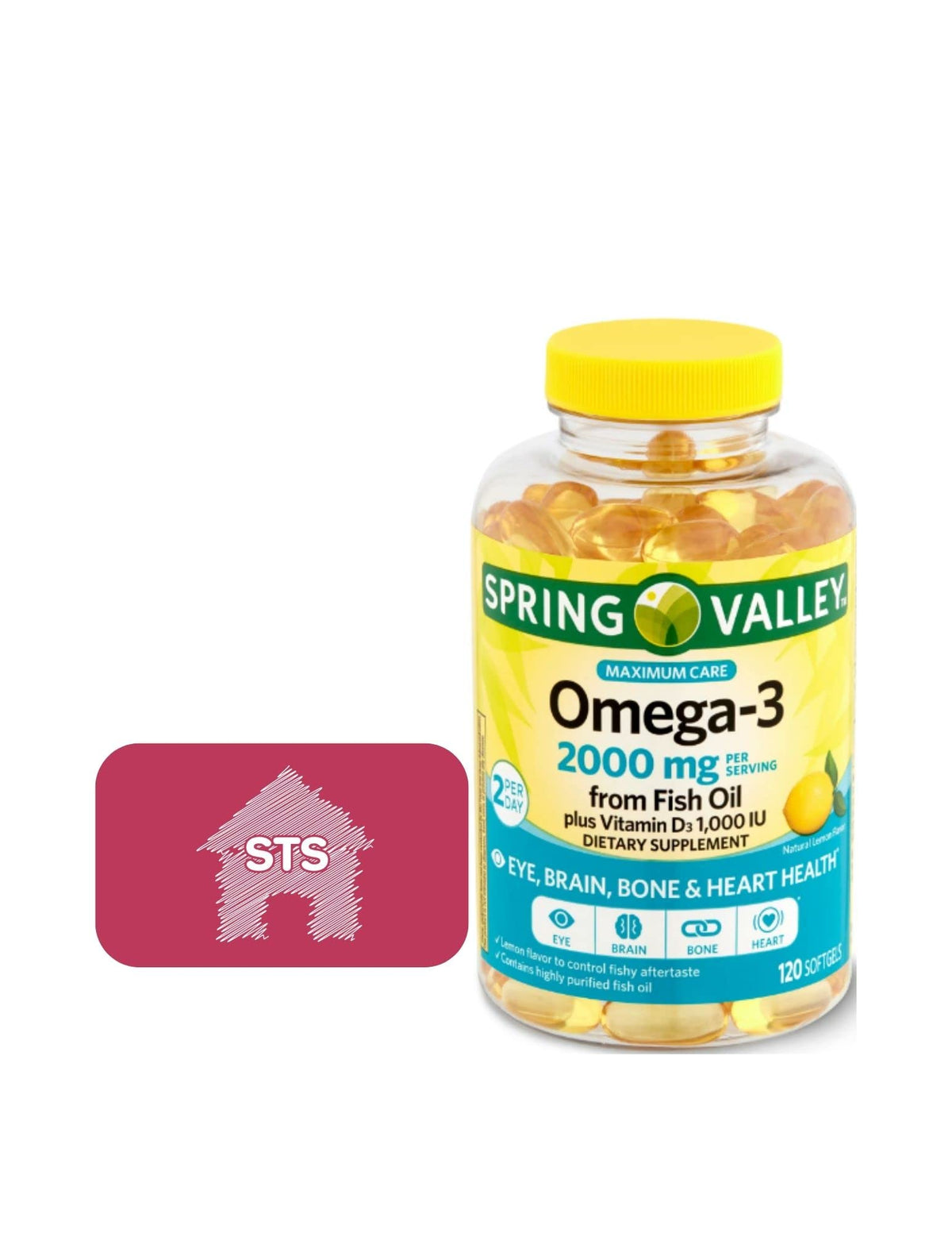 STS Home Spring Valley Omega-3, bote visible, posible apoyo a ojos y corazón.
