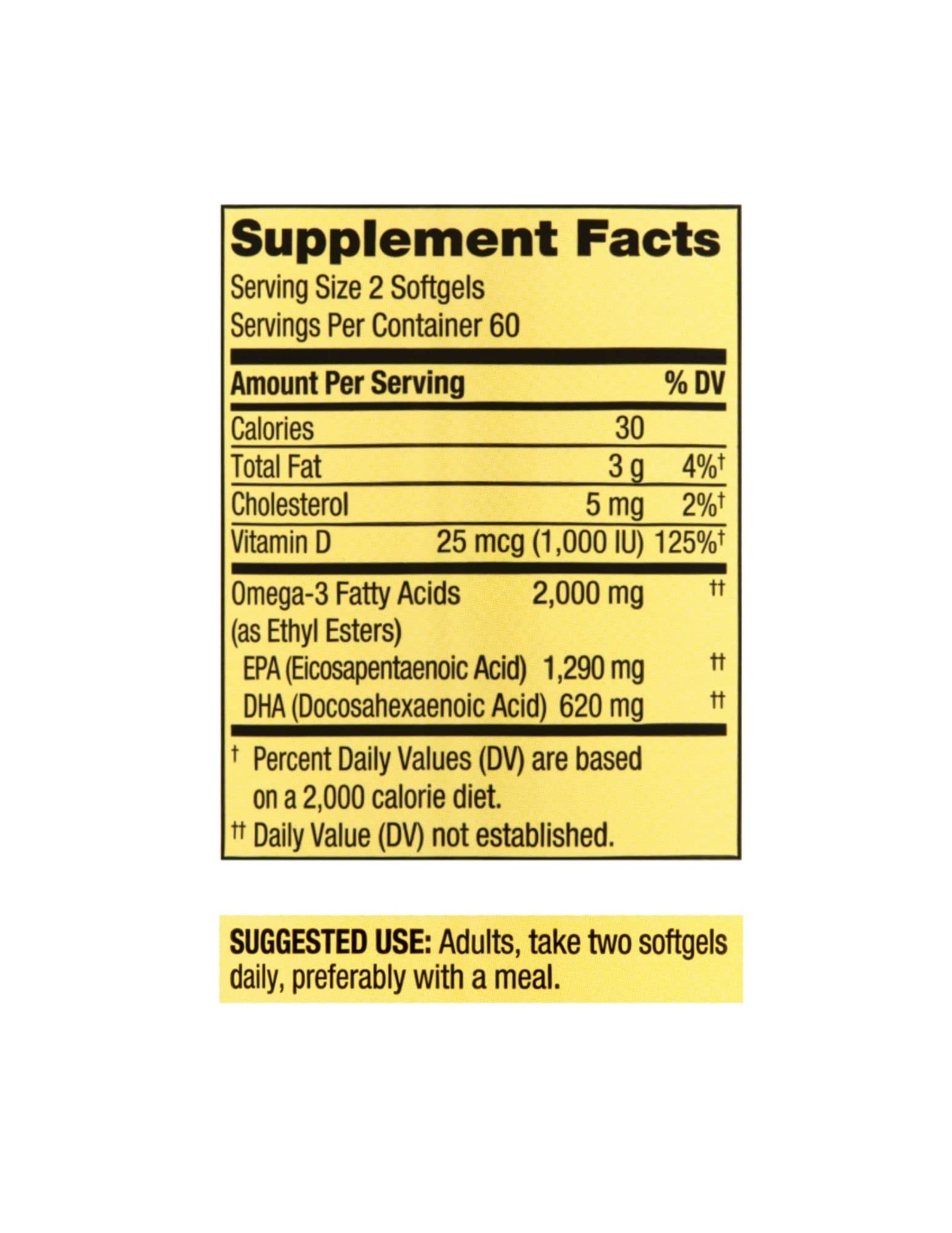 Omega-3 Spring Valley etiqueta muestra dosis diaria y uso recomendado.
