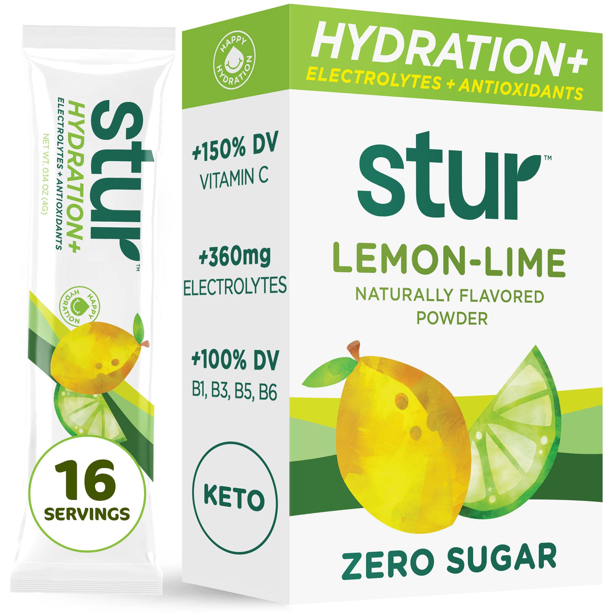 Stur electrolito limon-lima sobre, para hidratación rápida y diaria sin azúcar.